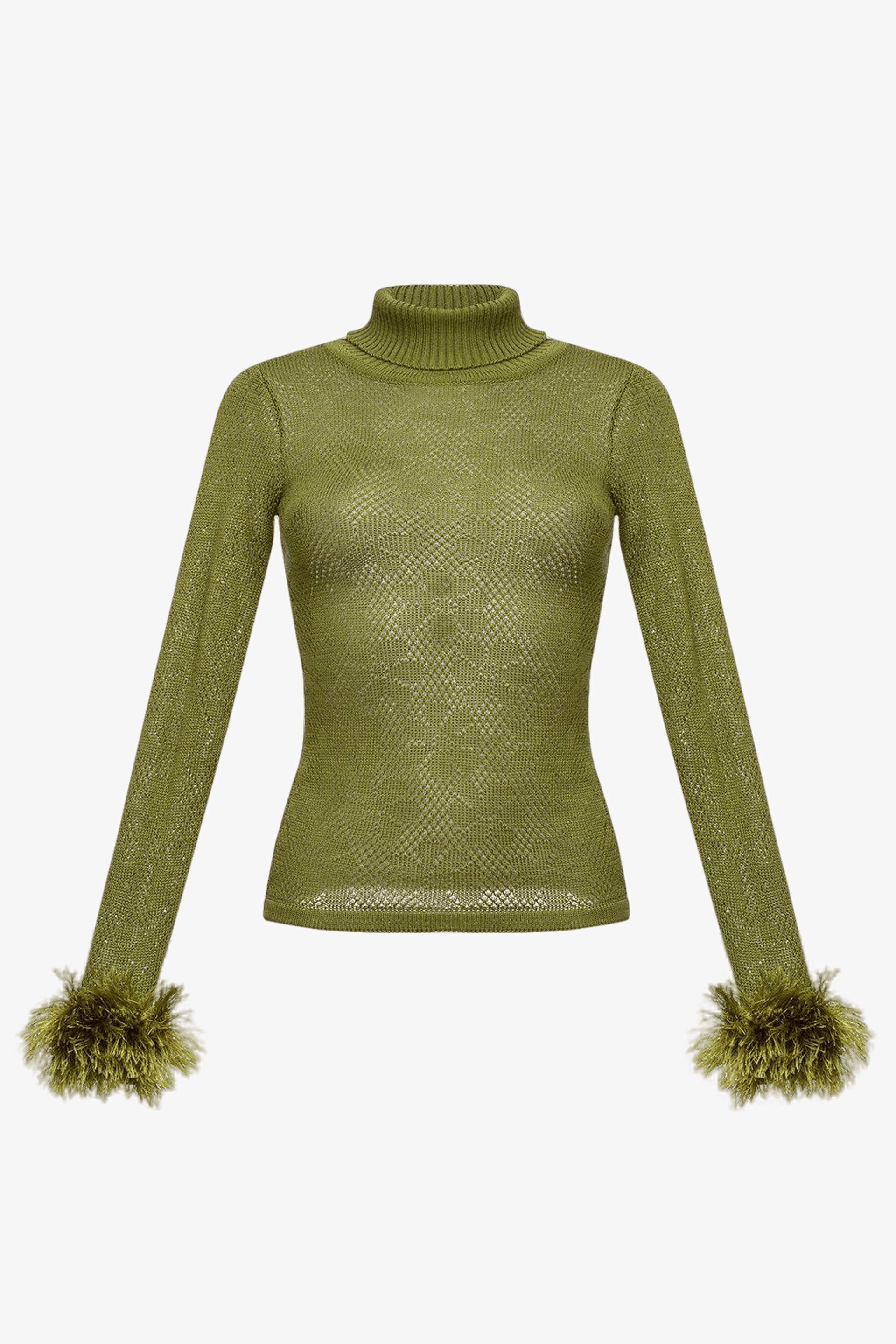 Green knit turtleneck with handmade knit details made by ANDREEVA