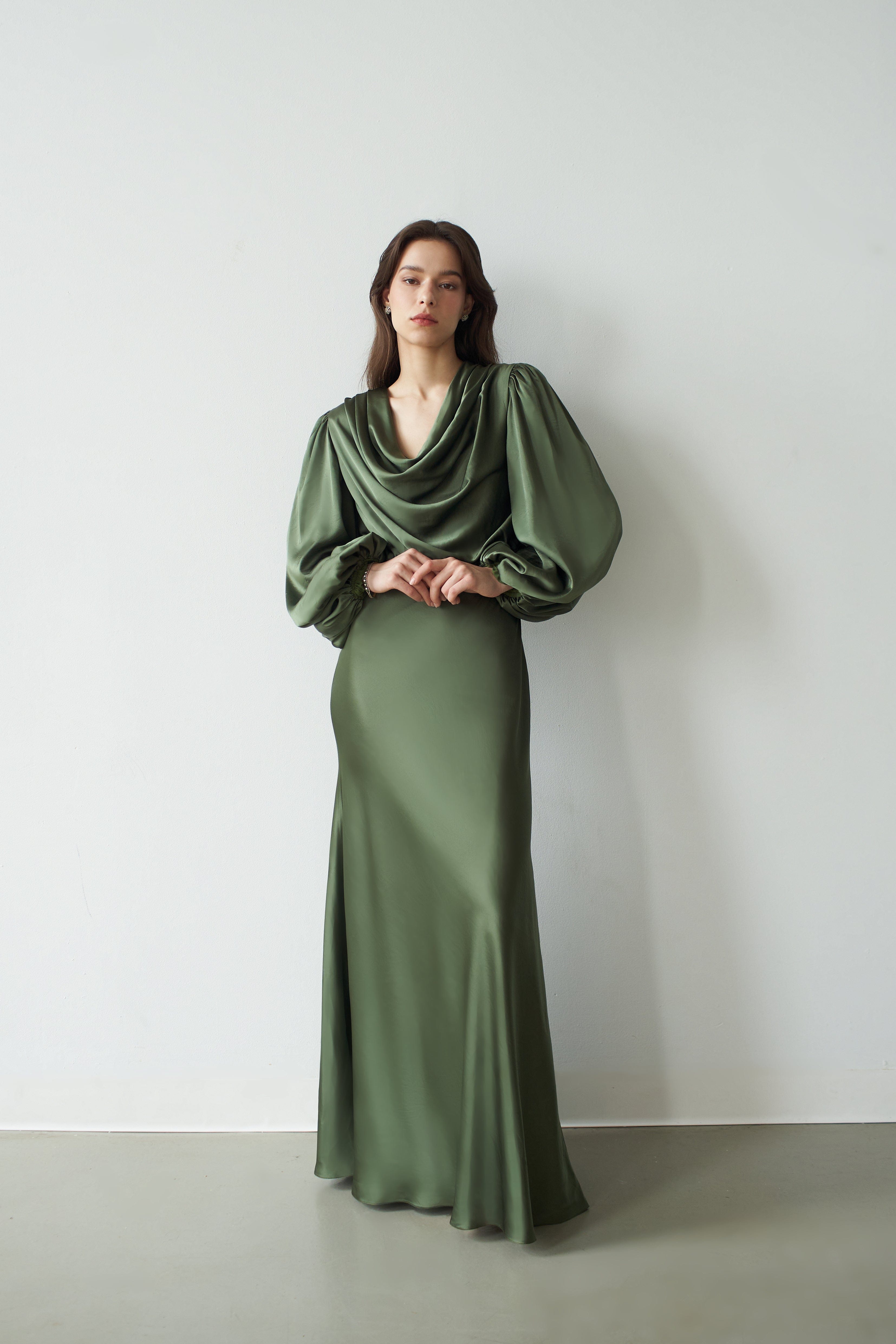 Alia Cowl Neck Gown Green Lily made by Vasiliki