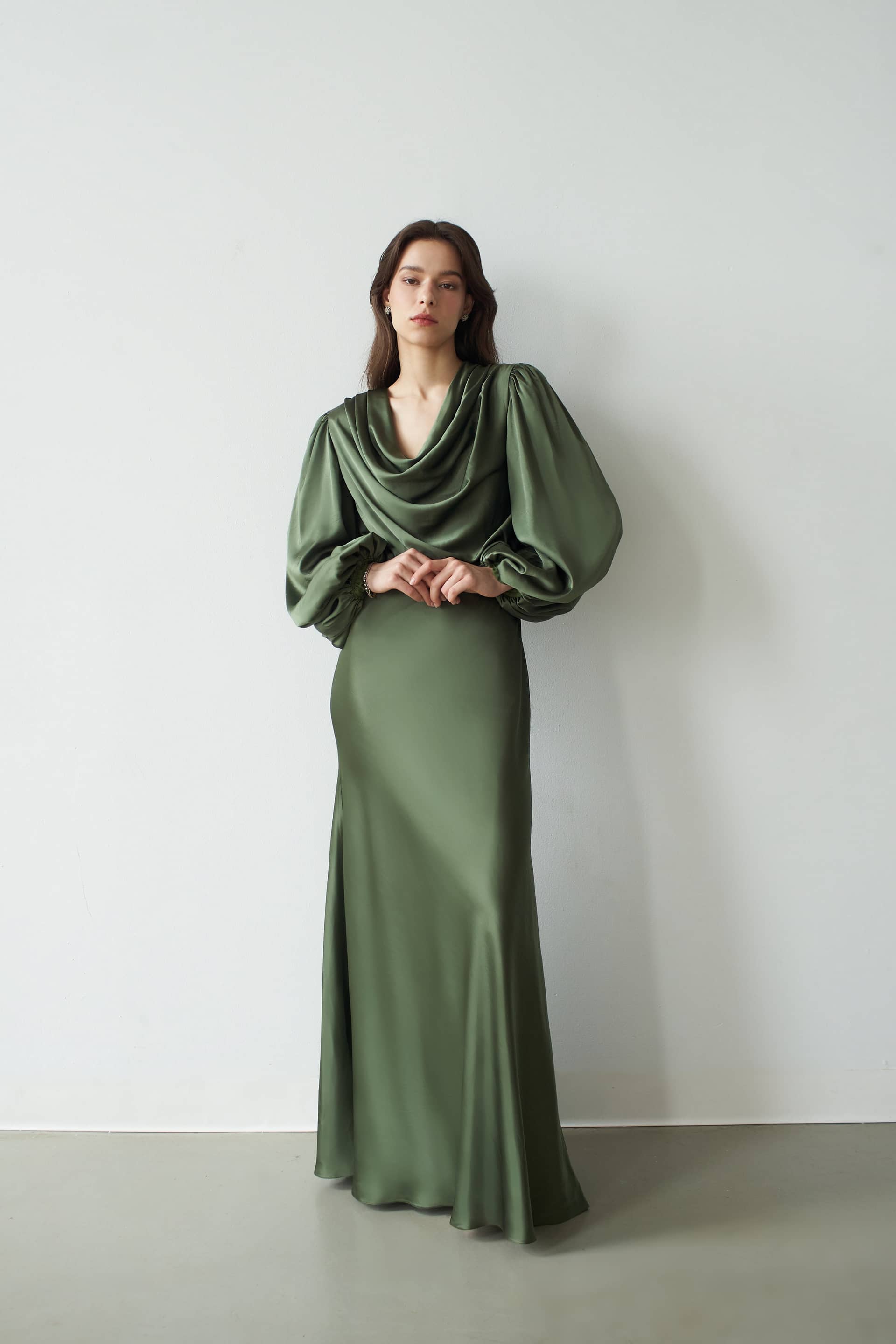 Alia Cowl Neck Gown Green Lily made by Vasiliki