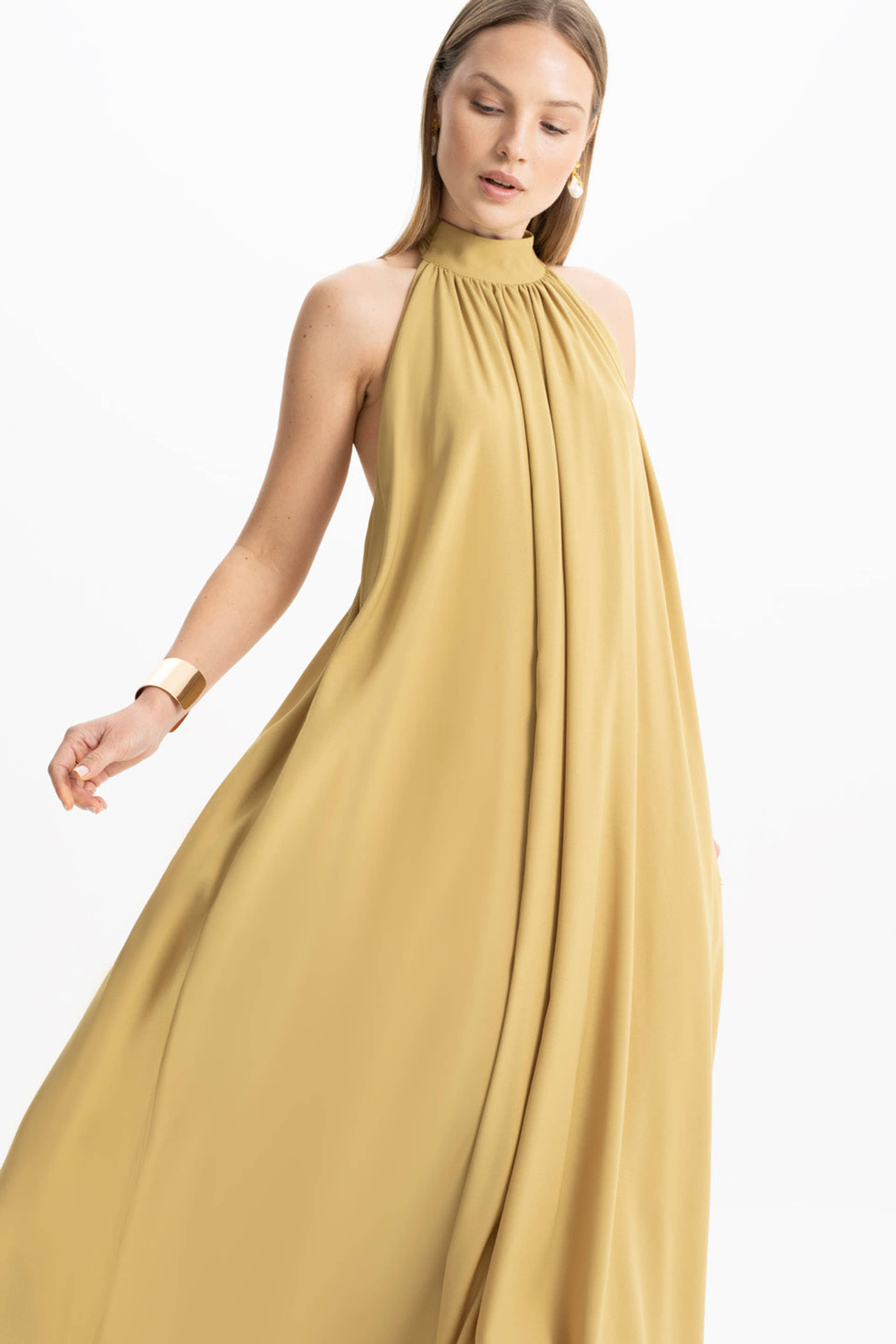 Pam Satin Green Halter Maxi Dress made by Lora Istanbul