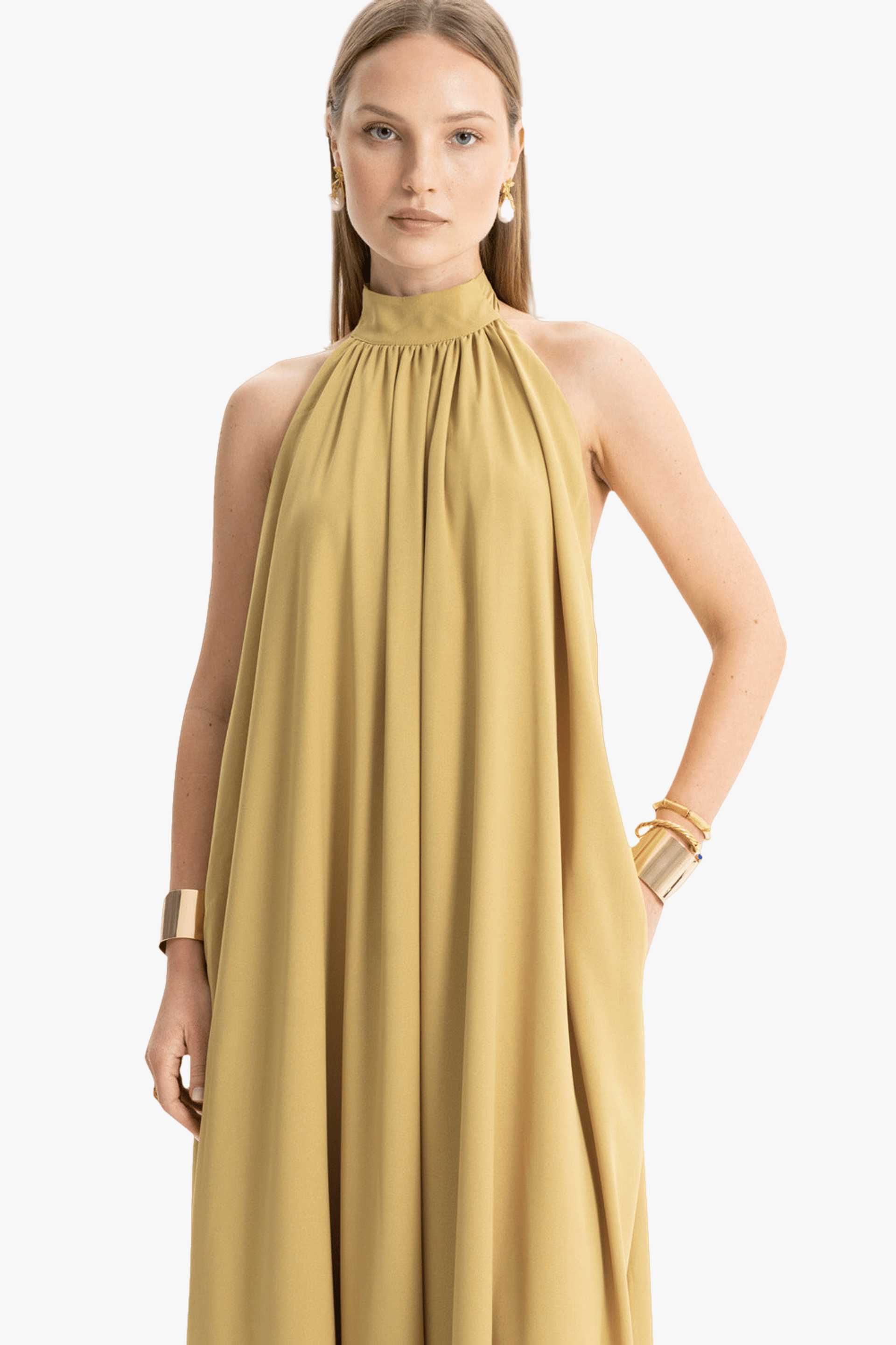 Pam Satin Green Halter Maxi Dress made by Lora Istanbul