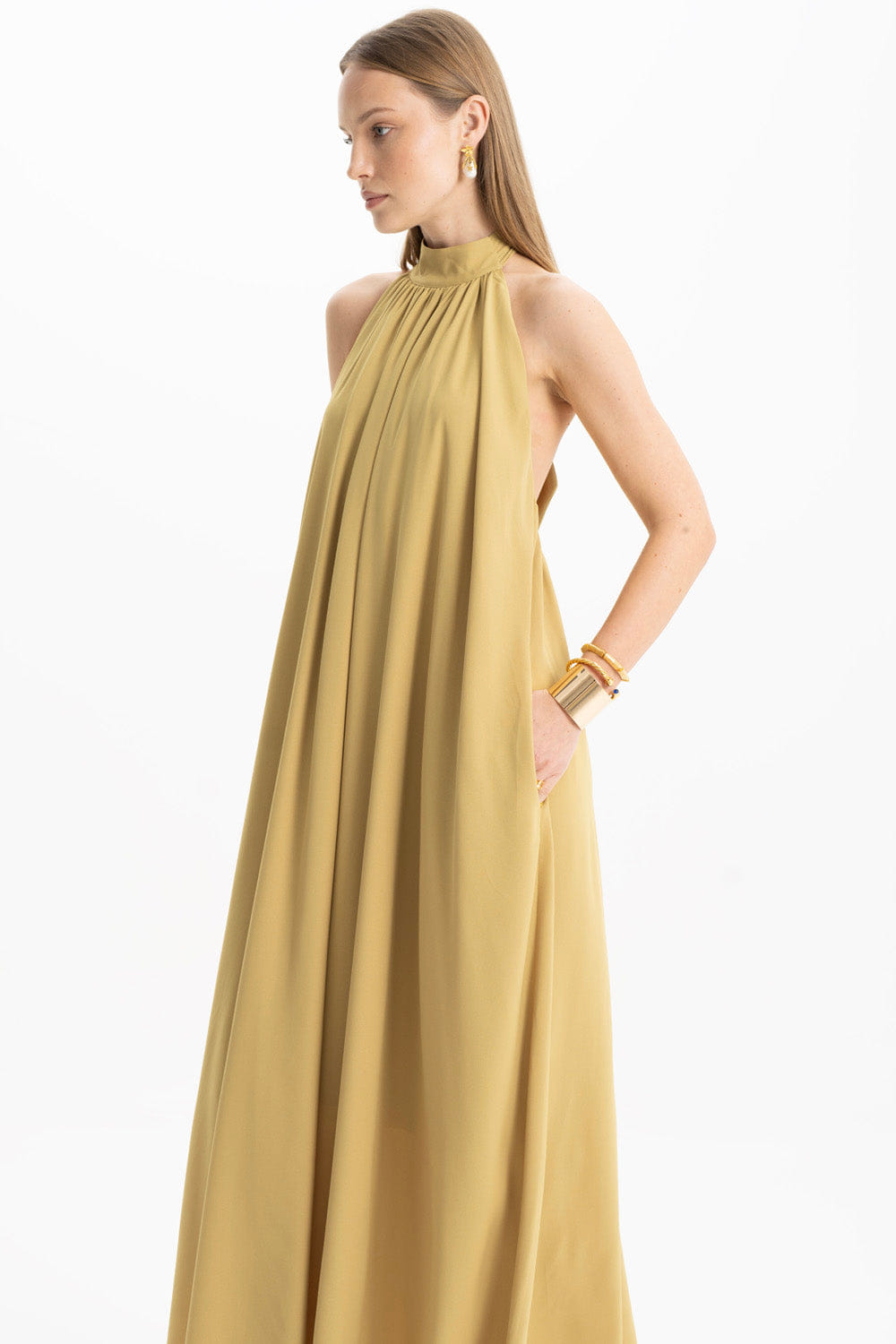 Pam Satin Green Halter Maxi Dress made by Lora Istanbul