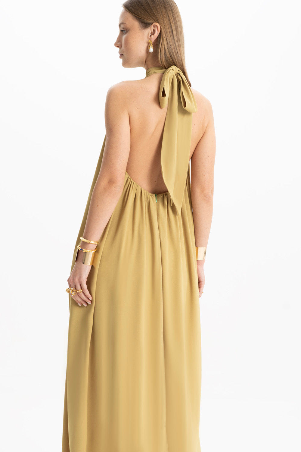 Pam Satin Green Halter Maxi Dress made by Lora Istanbul