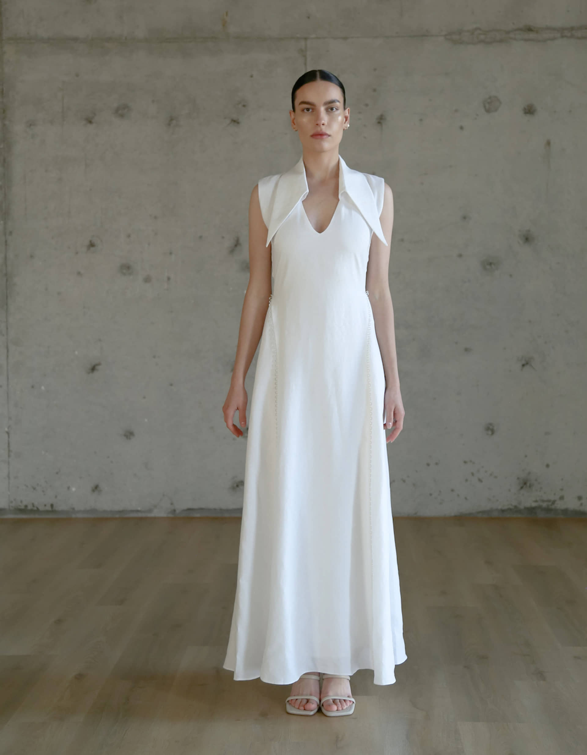 AMARI Sleeveless Maxi White Linen Dress in White made by MAET