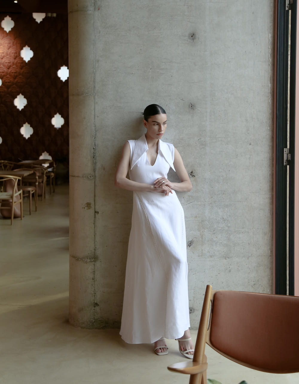 AMARI Sleeveless Maxi White Linen Dress in White made by MAET