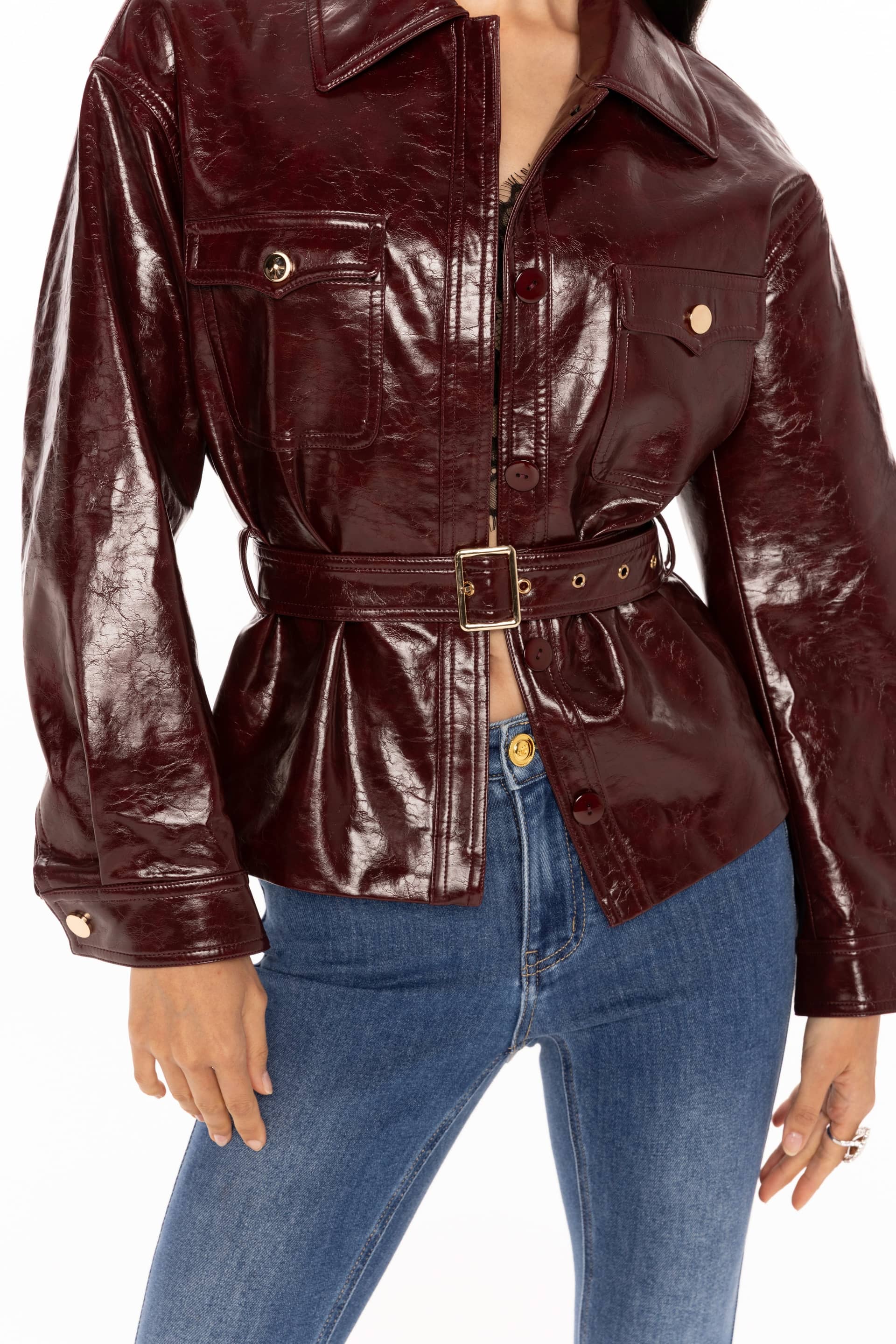 Isabella Vegan Leather Jacket (Claret) made by Nana Jacqueline