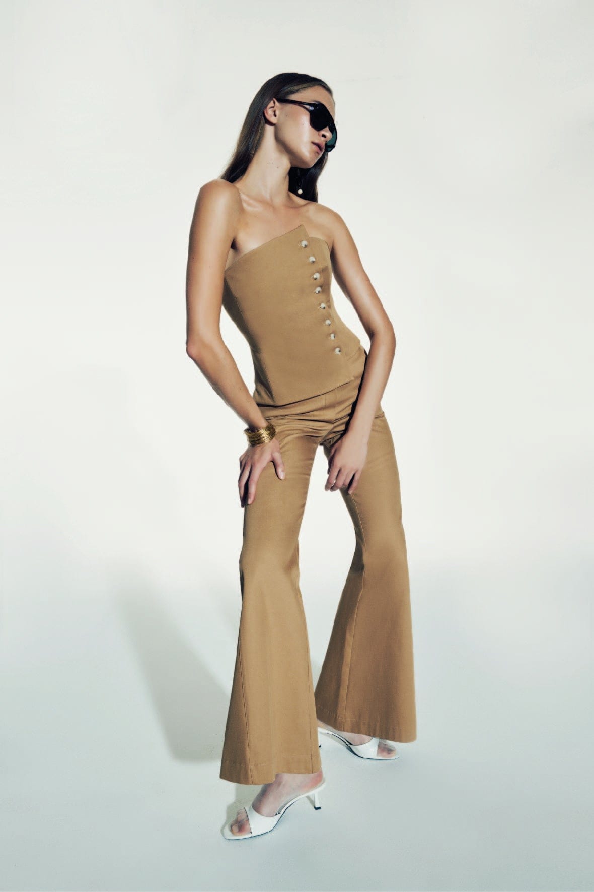 Avrell Cotton Flared Trousers in Golden Straw made by Nazli Ceren