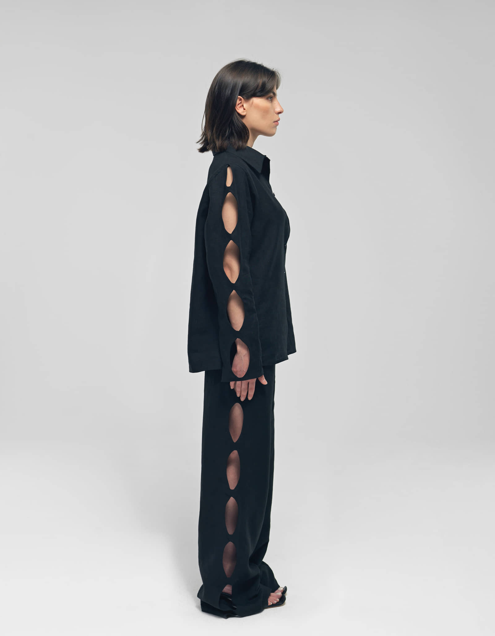 NEREUS Black Cut-Out Linen Pants made by MAET