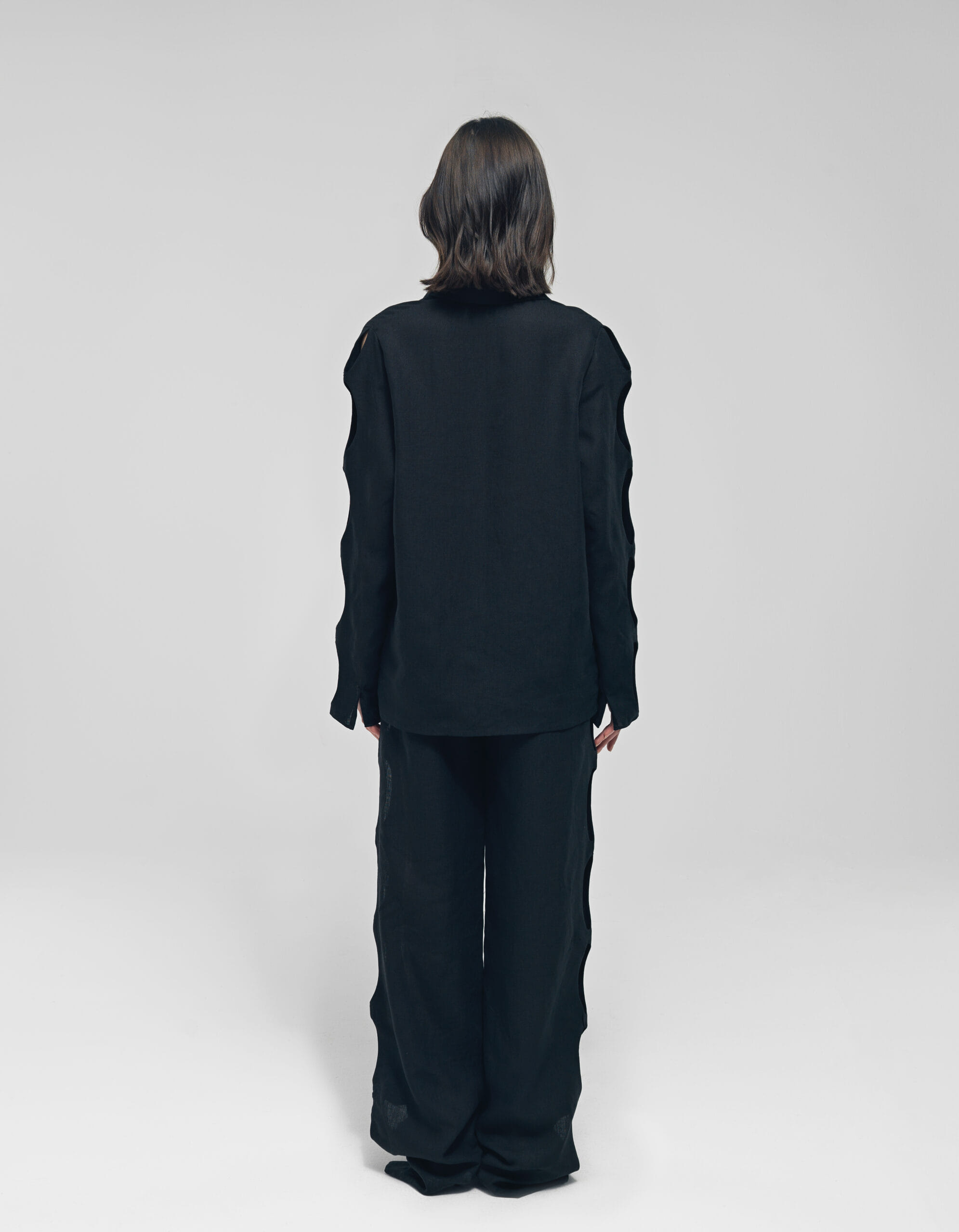 NEREUS Black Cut-Out Linen Pants made by MAET