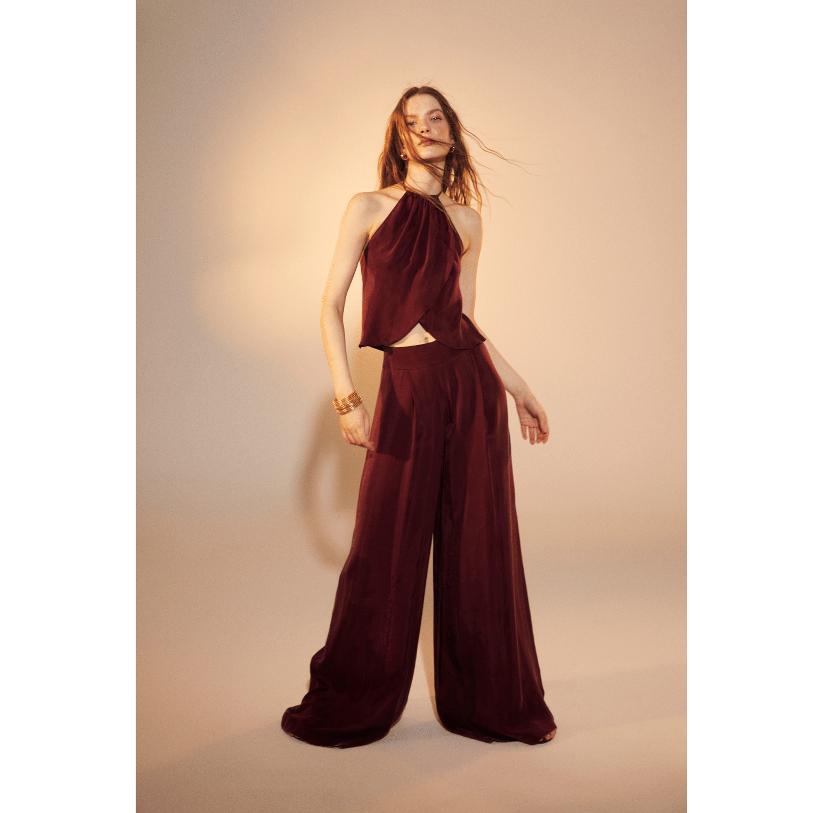 Mui Wide-Leg Trousers in Red Plum in Red made by Nazli Ceren