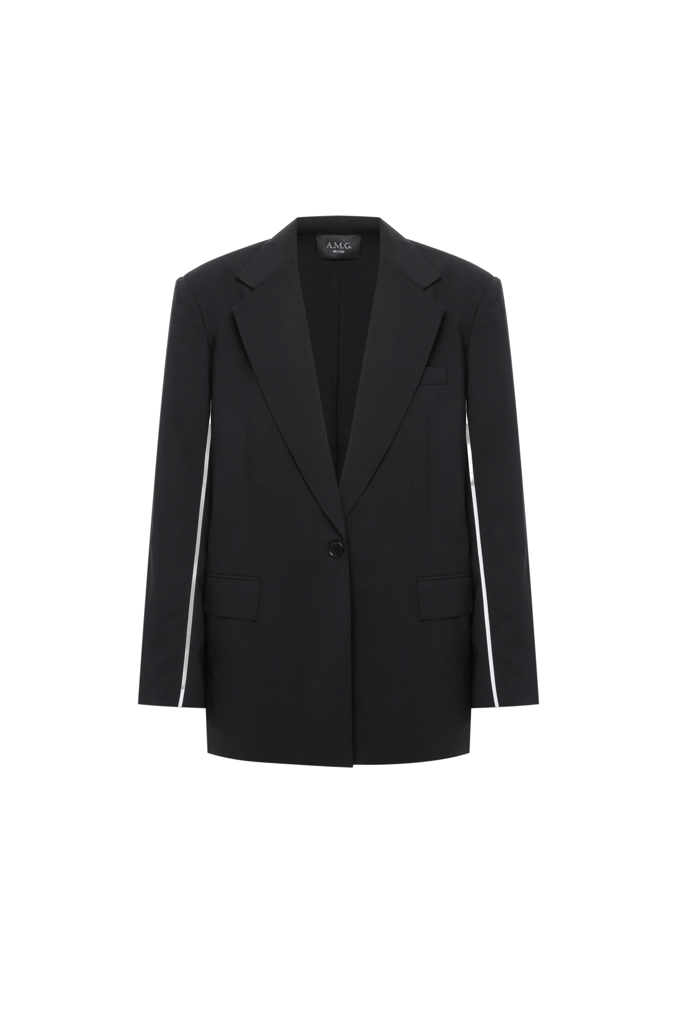 Black jacket with white piping made by A.M.G