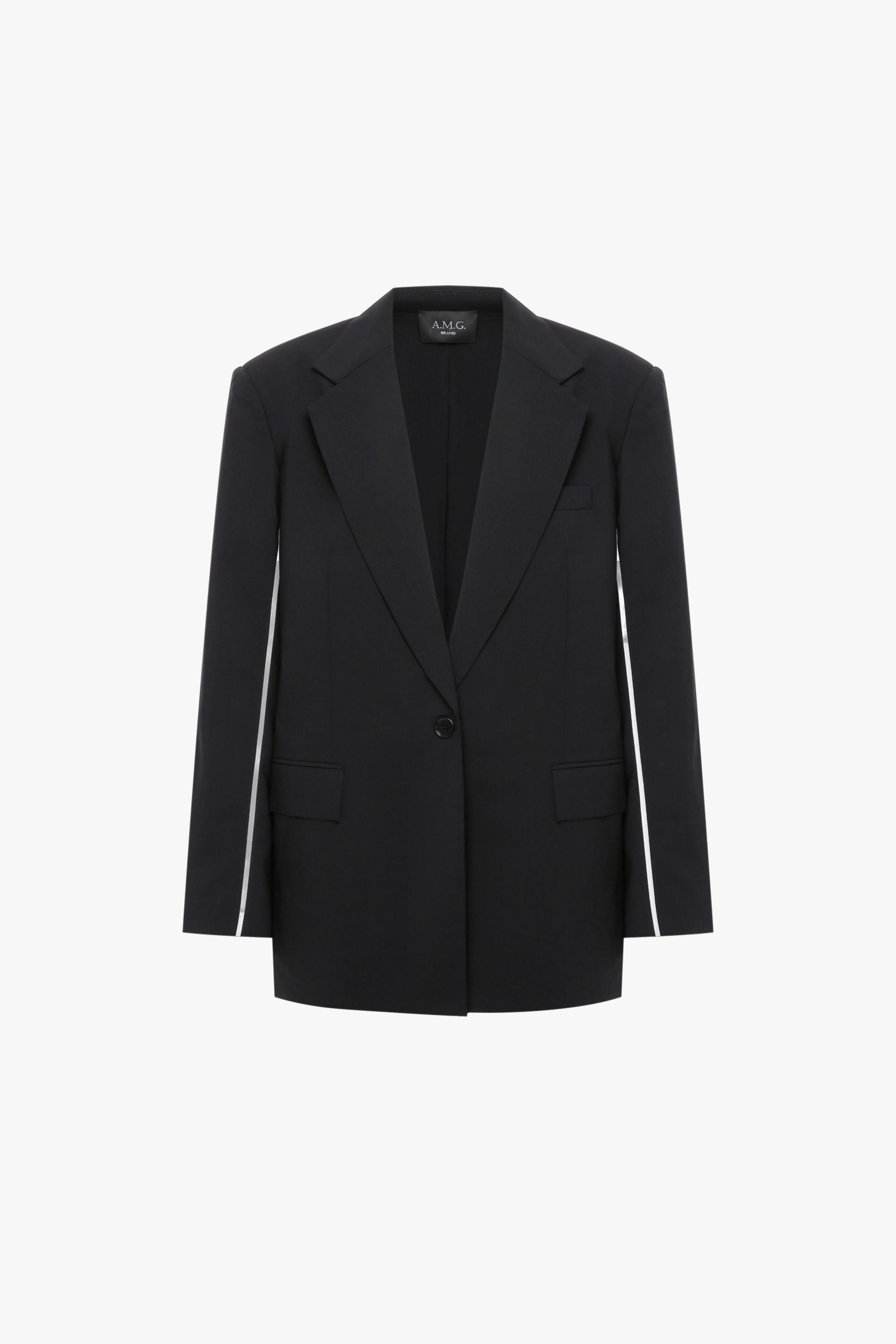 Black jacket with white piping made by A.M.G