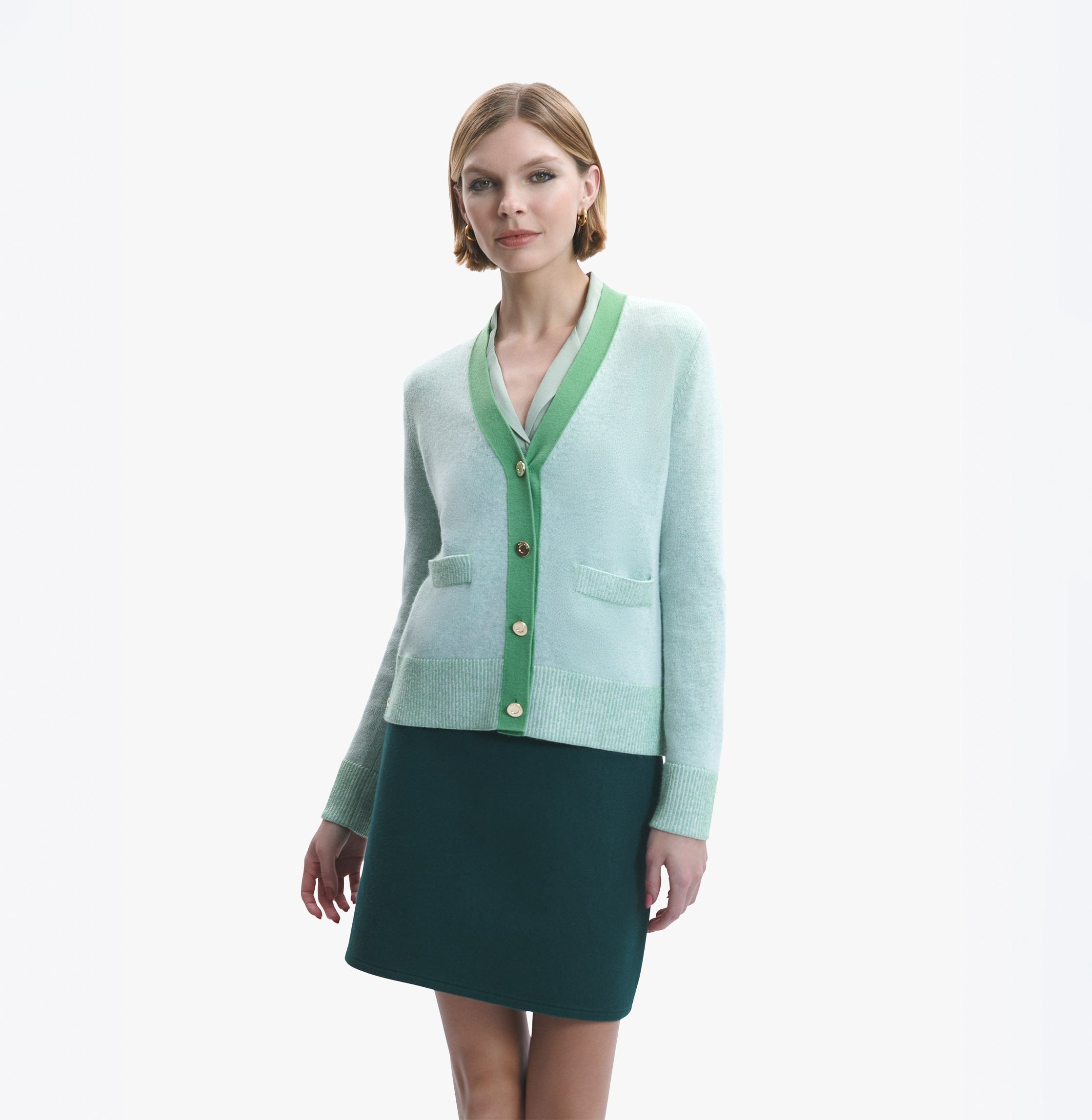 DOUBLE CASHMERE COLOR-BLOCKED V-NECK CARDIGAN in Green made by CRUSH Collection