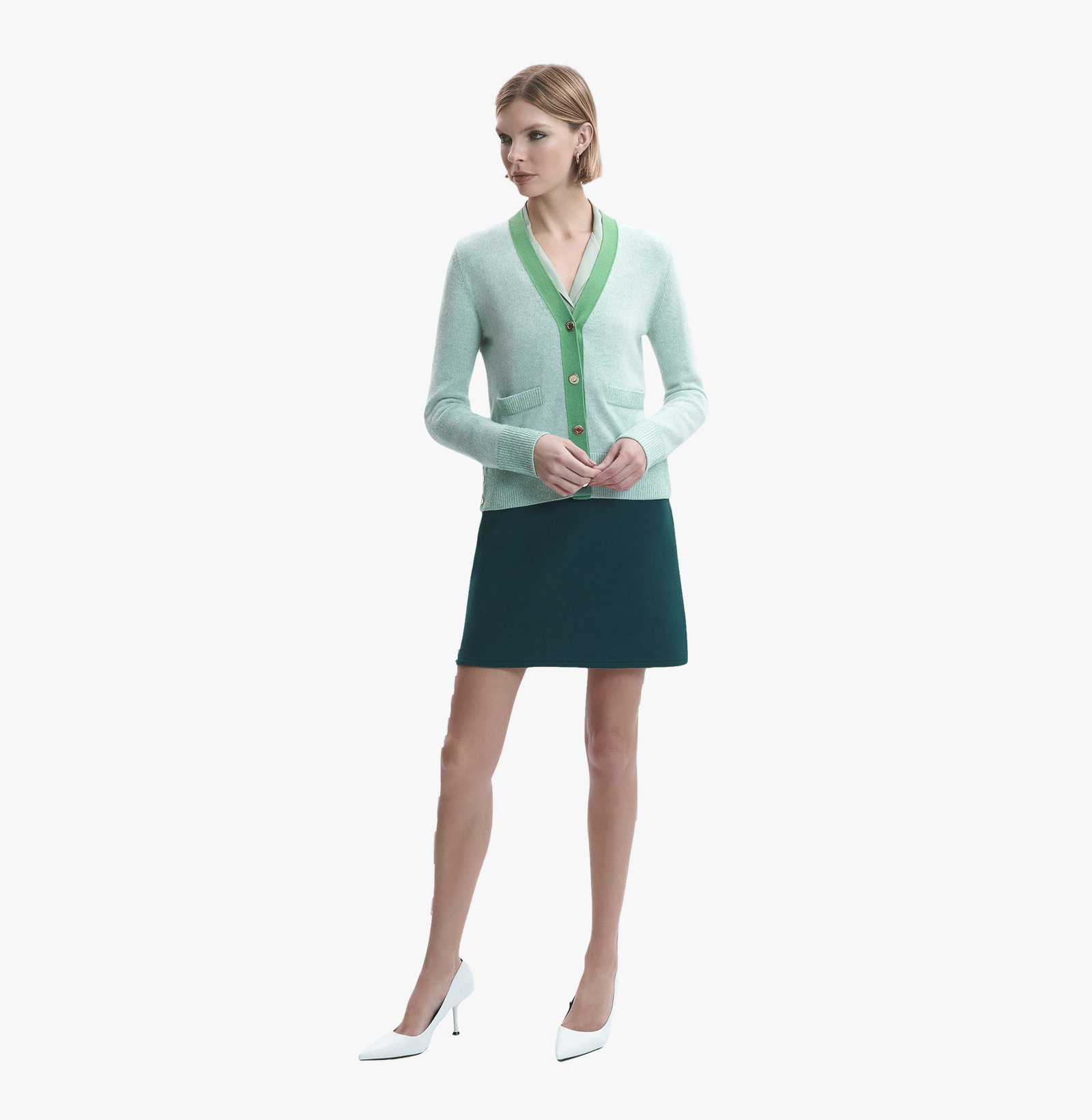 DOUBLE CASHMERE COLOR-BLOCKED V-NECK CARDIGAN in Green made by CRUSH Collection