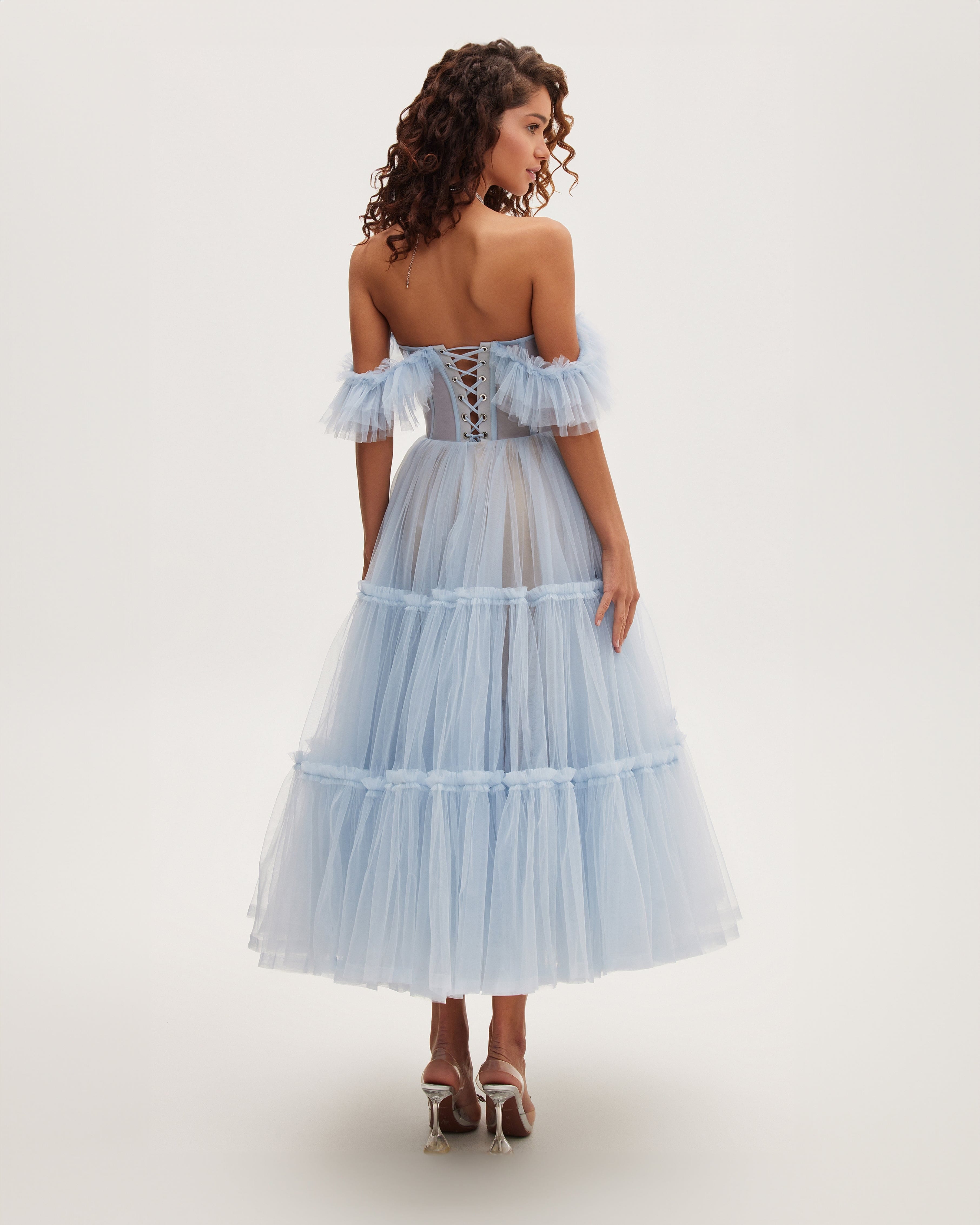 Light Blue Ruffled Tulle Midi Dress made by Milla