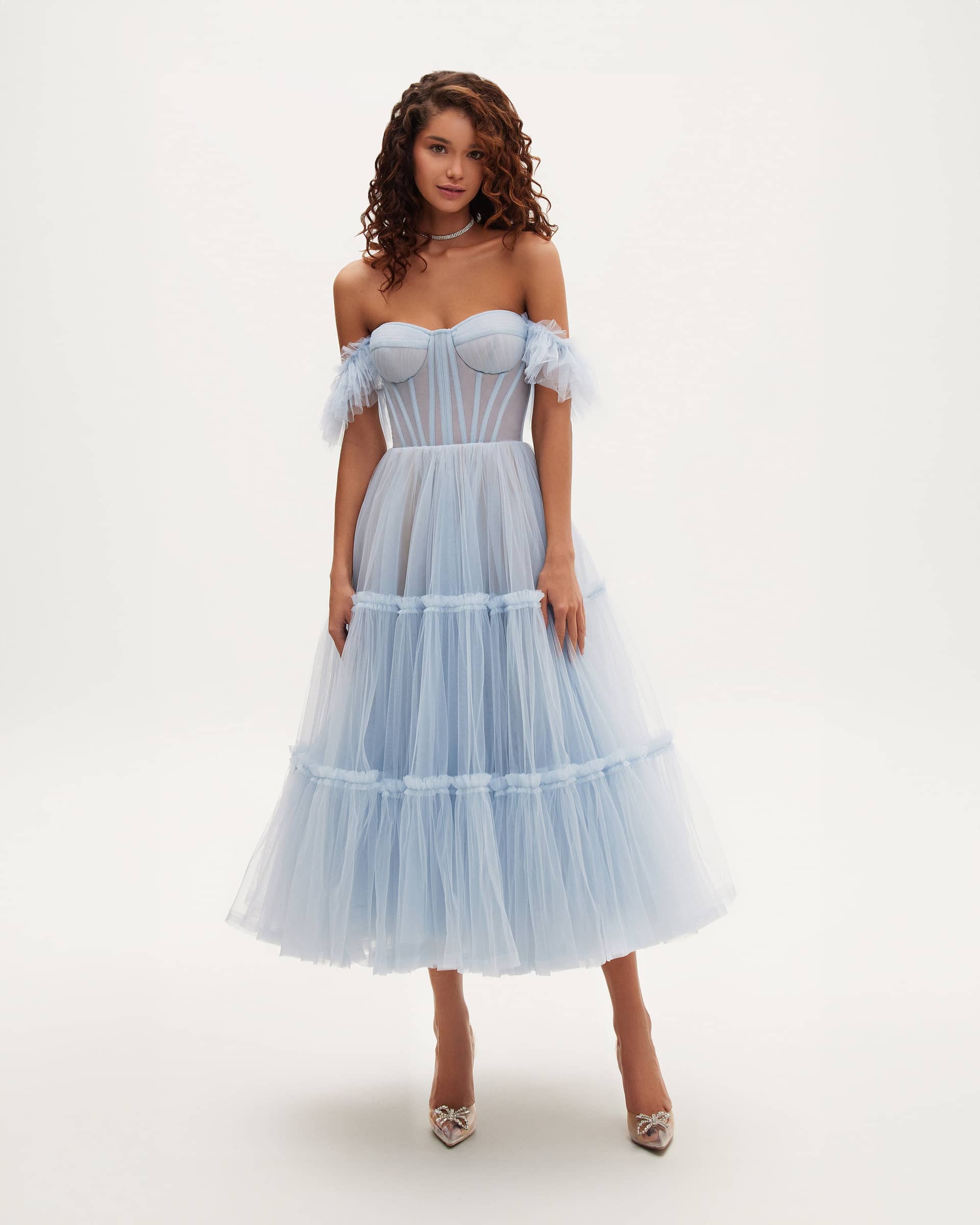 Light Blue Ruffled Tulle Midi Dress made by Milla