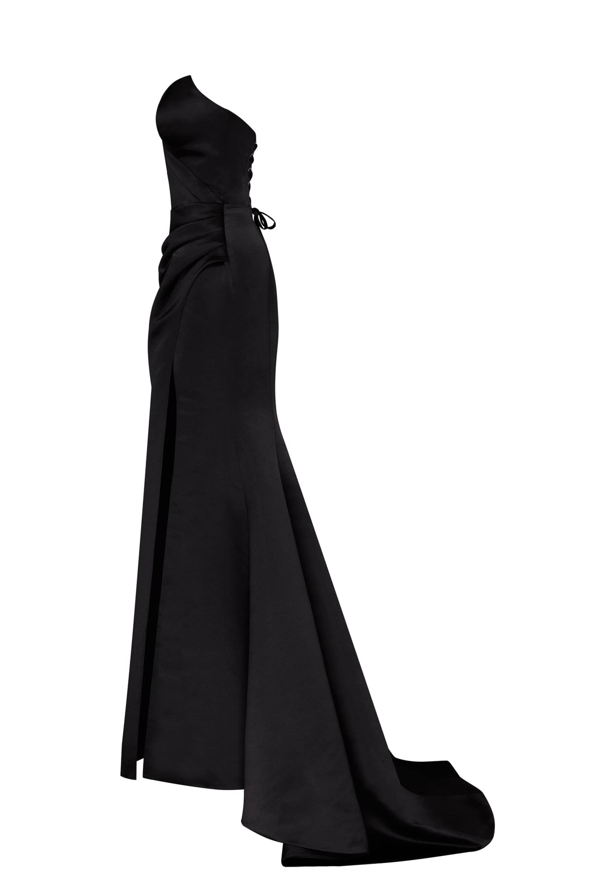 Black Strapless evening gown with thigh slit made by Milla