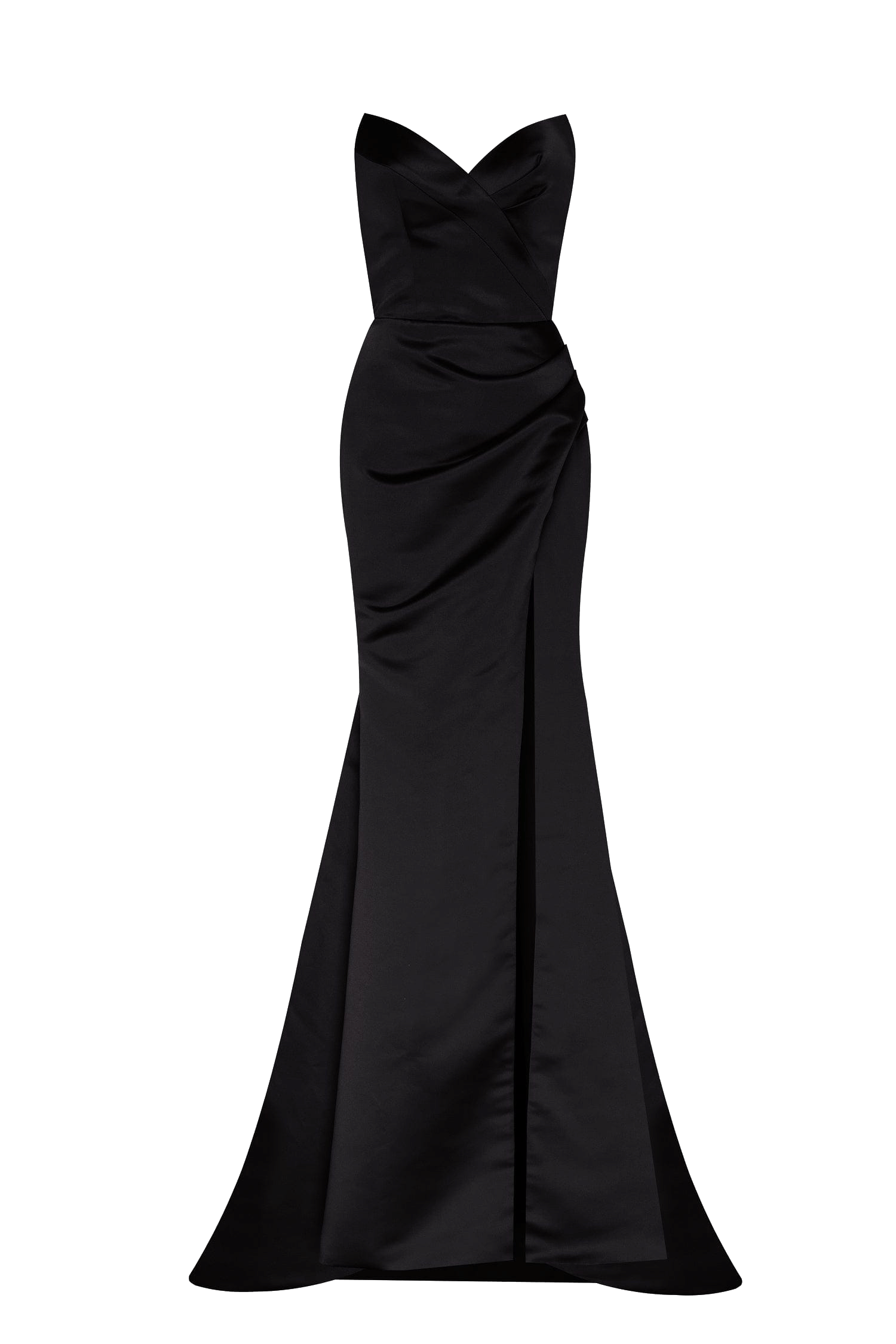 Black Strapless evening gown with thigh slit made by Milla