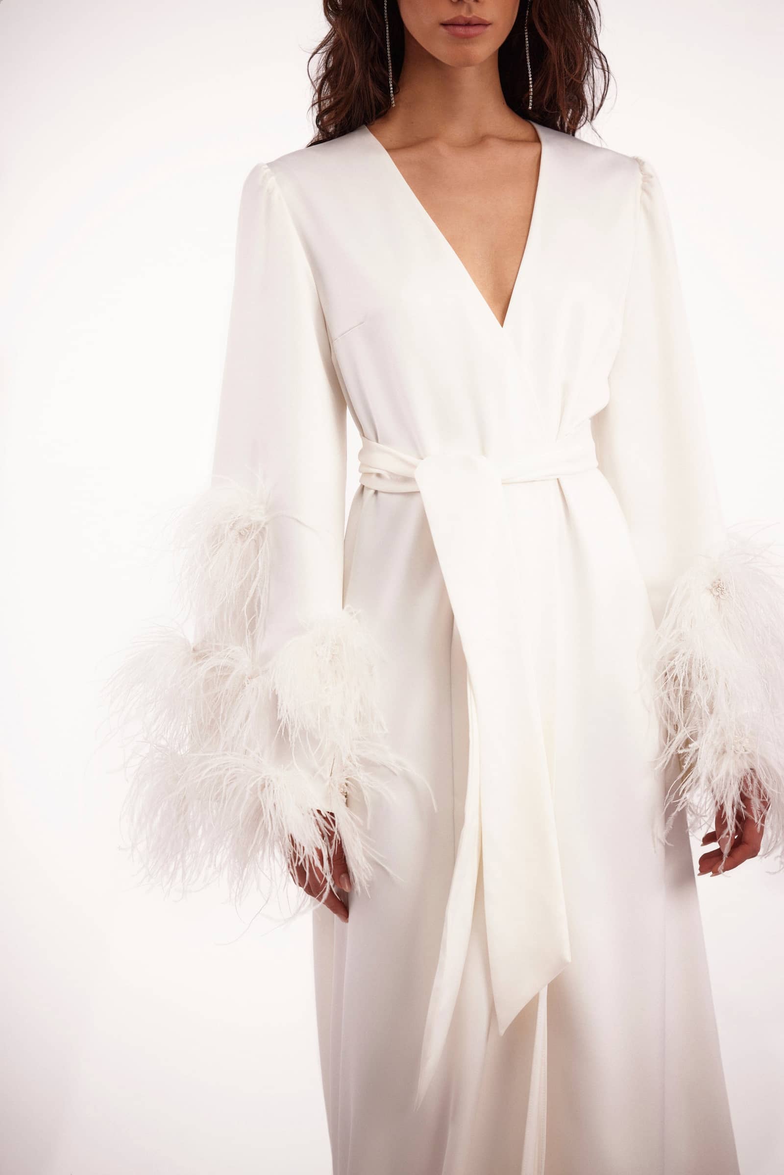 Delicate feather-trimmed satin robe made by Milla