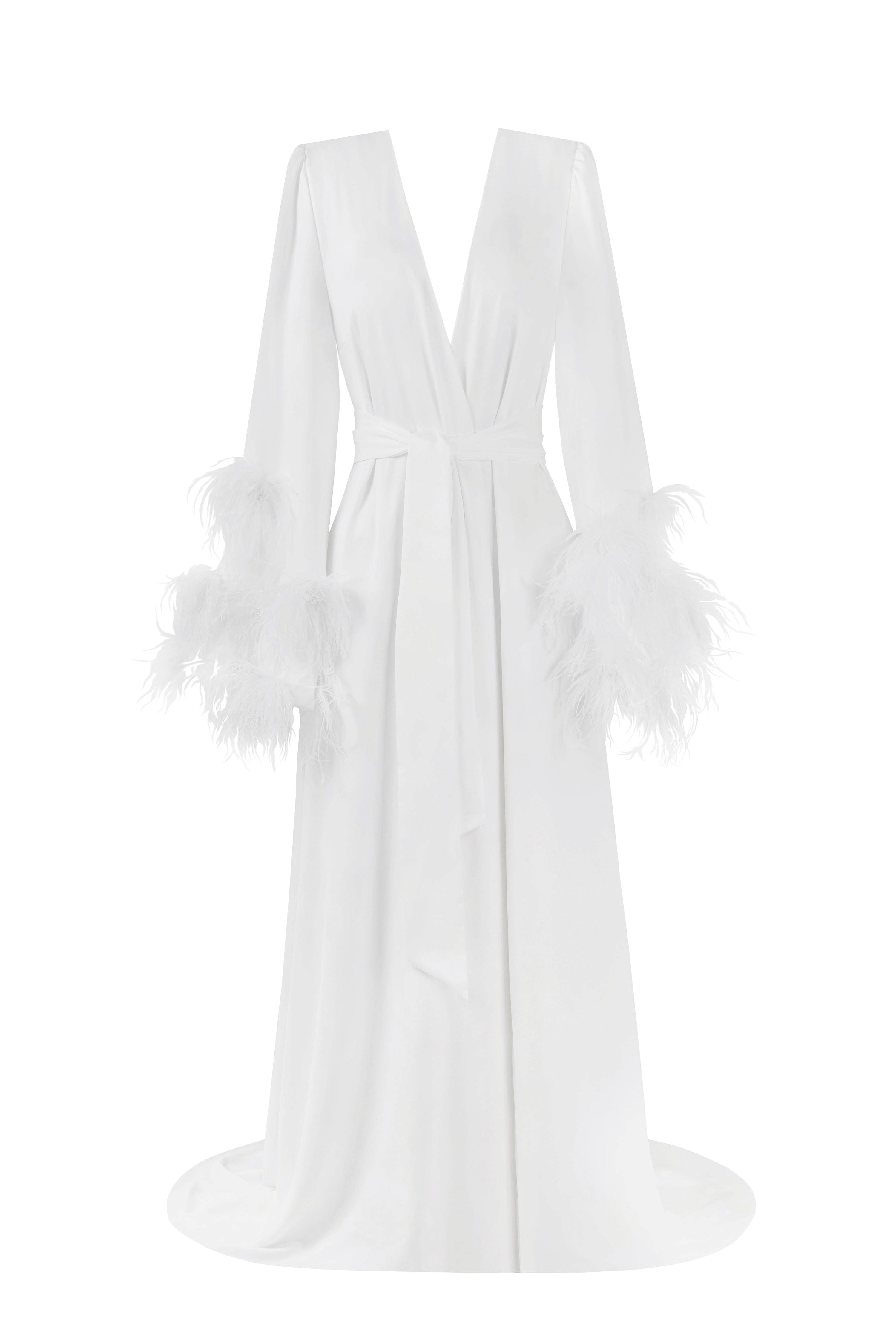 Delicate feather-trimmed satin robe made by Milla