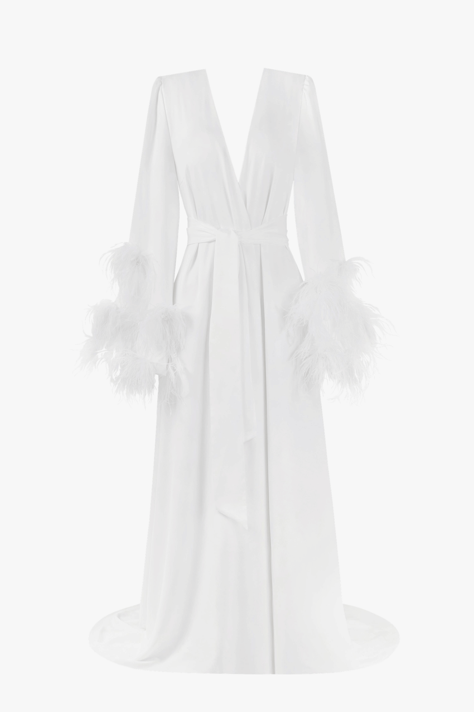 Delicate feather-trimmed satin robe made by Milla