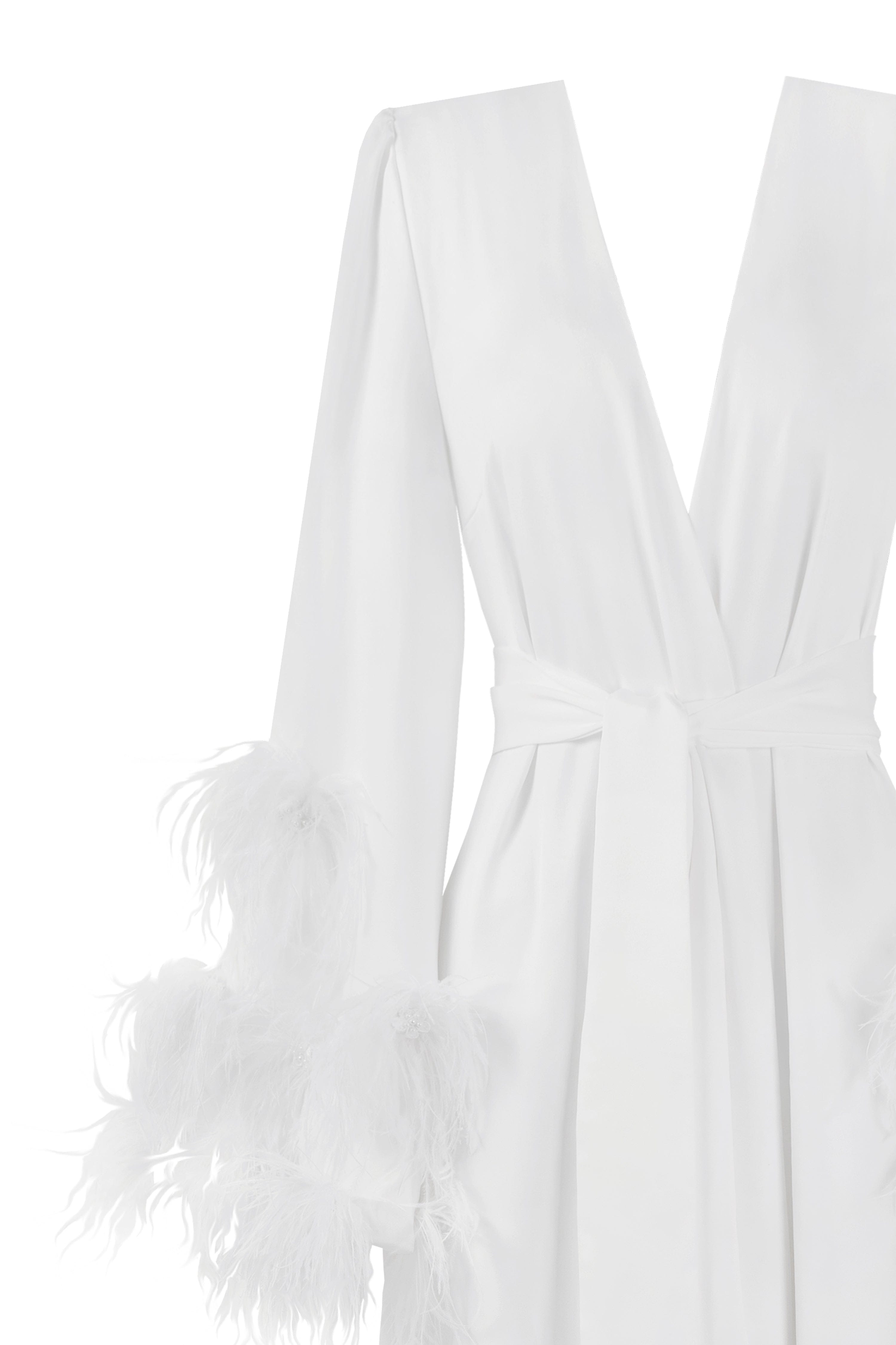 Delicate feather-trimmed satin robe made by Milla