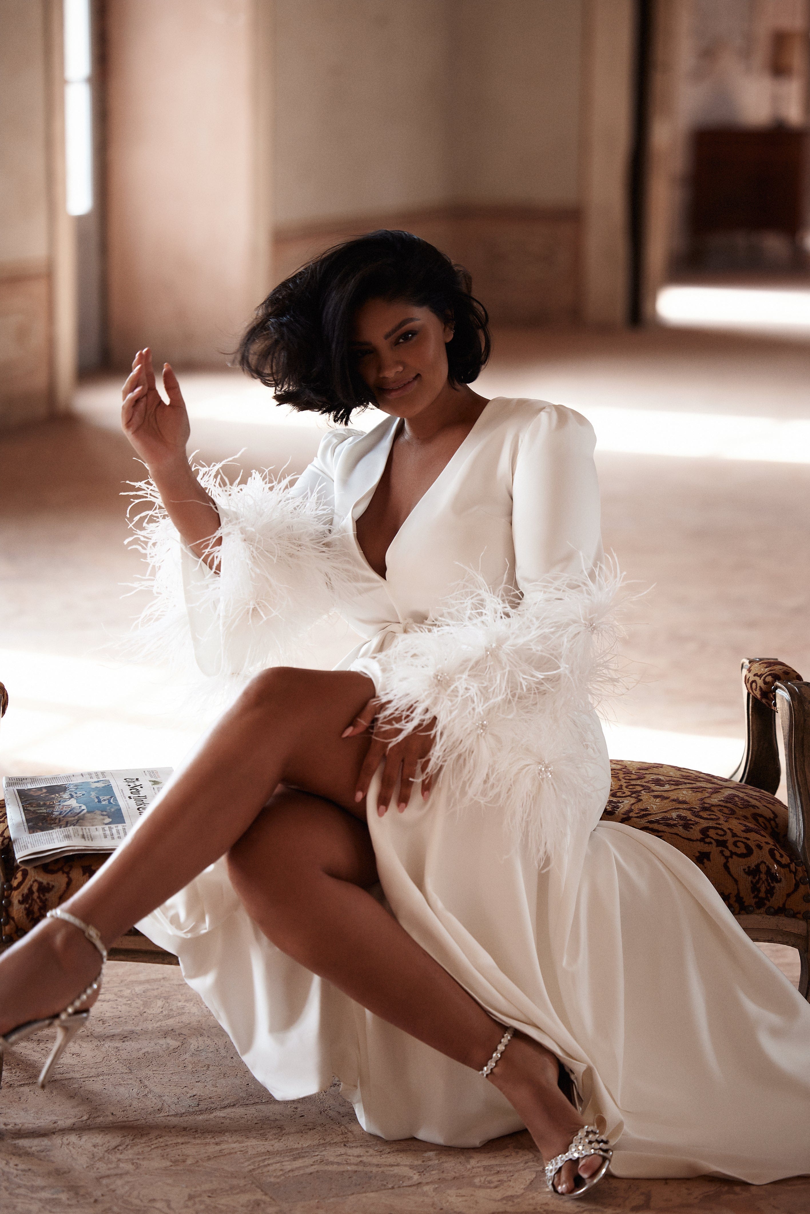 Delicate feather-trimmed satin robe made by Milla