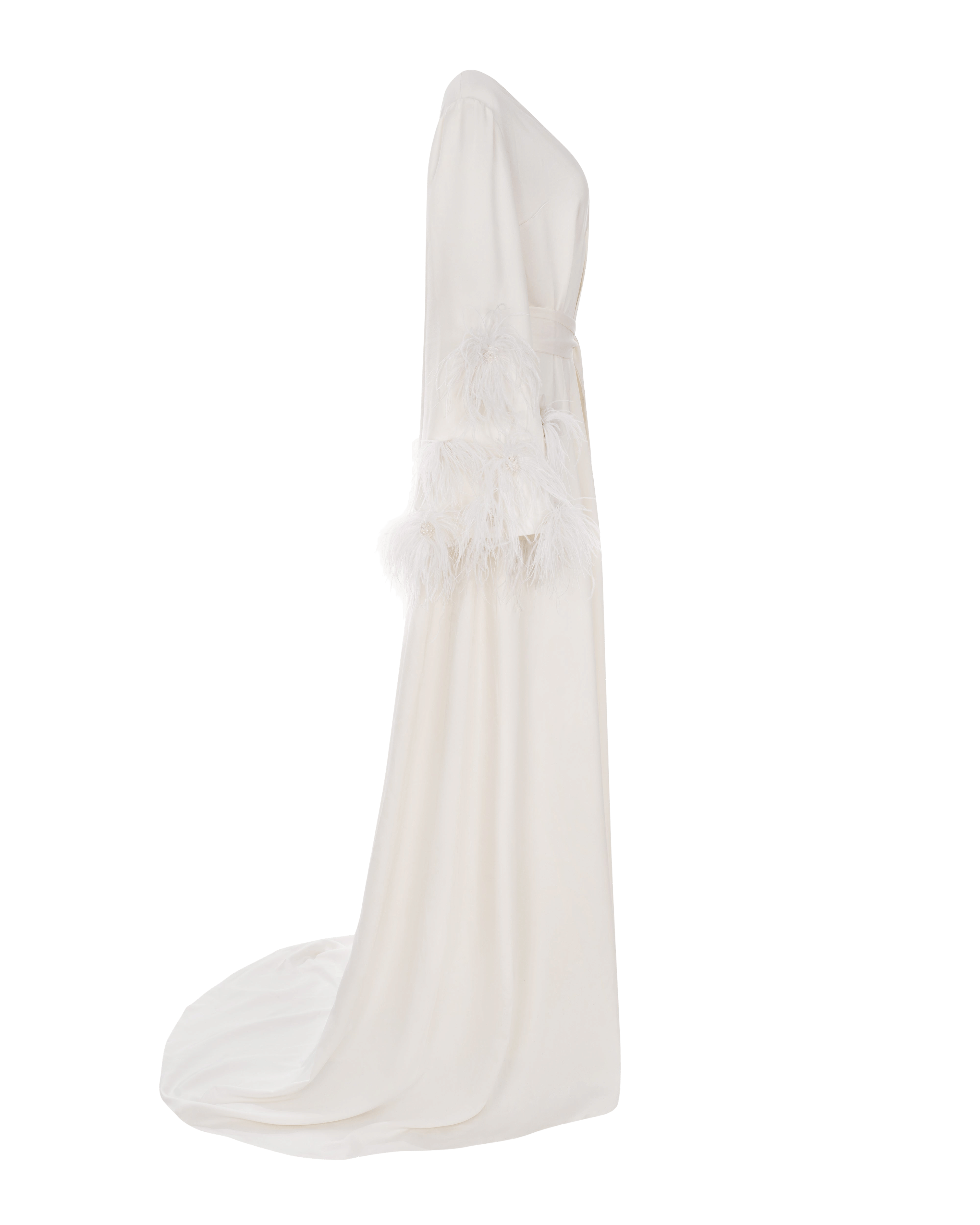 Delicate feather-trimmed satin robe made by Milla