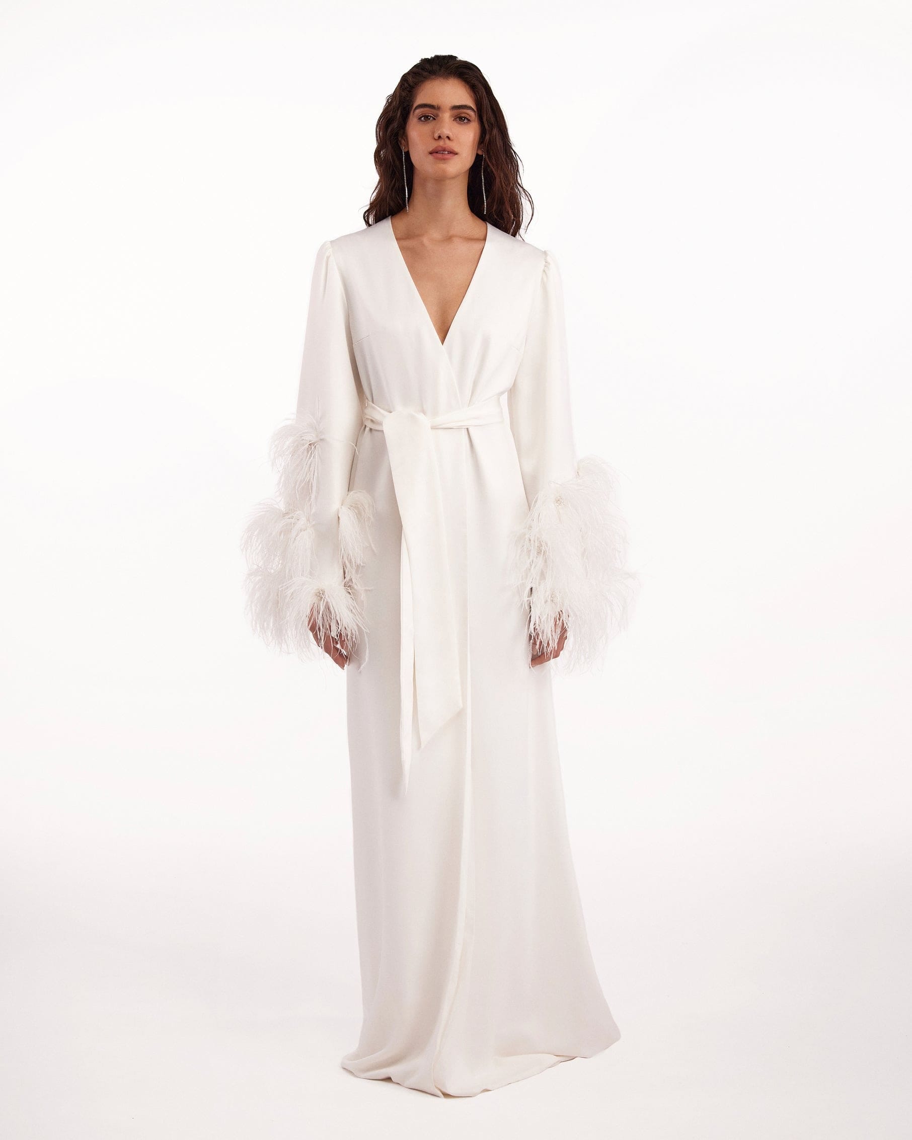 Delicate feather-trimmed satin robe made by Milla