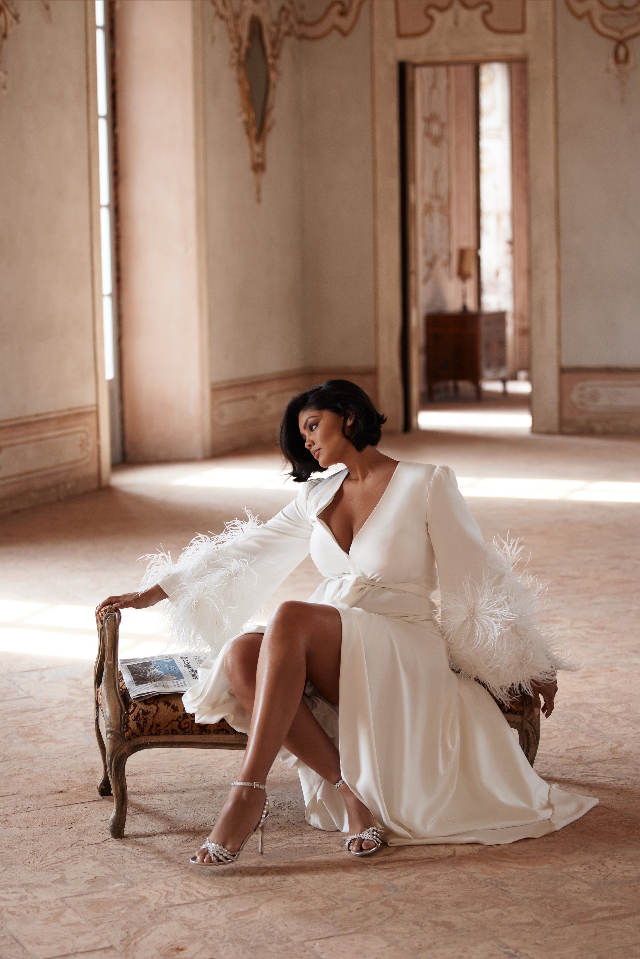 Delicate feather-trimmed satin robe made by Milla