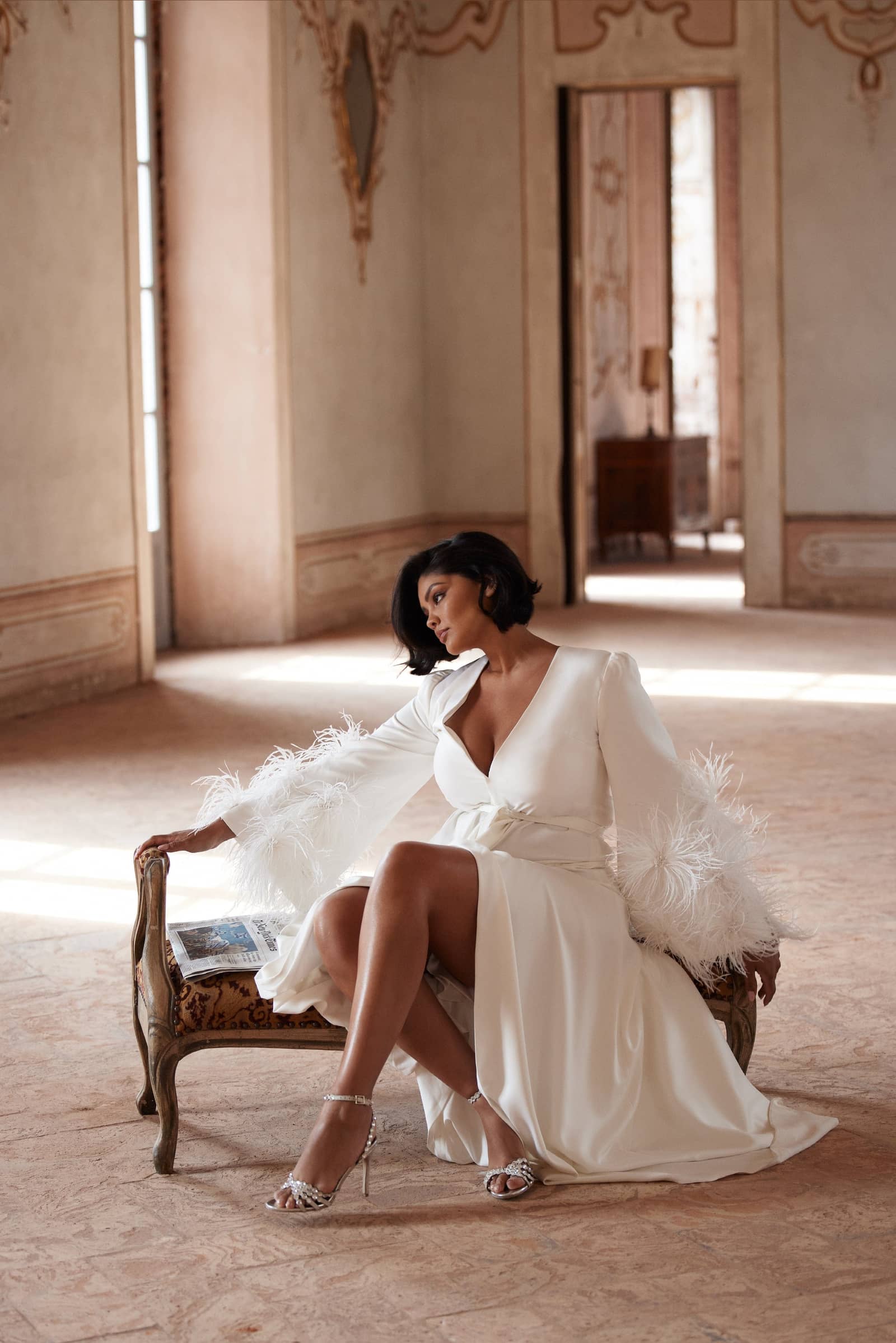 Delicate feather-trimmed satin robe made by Milla