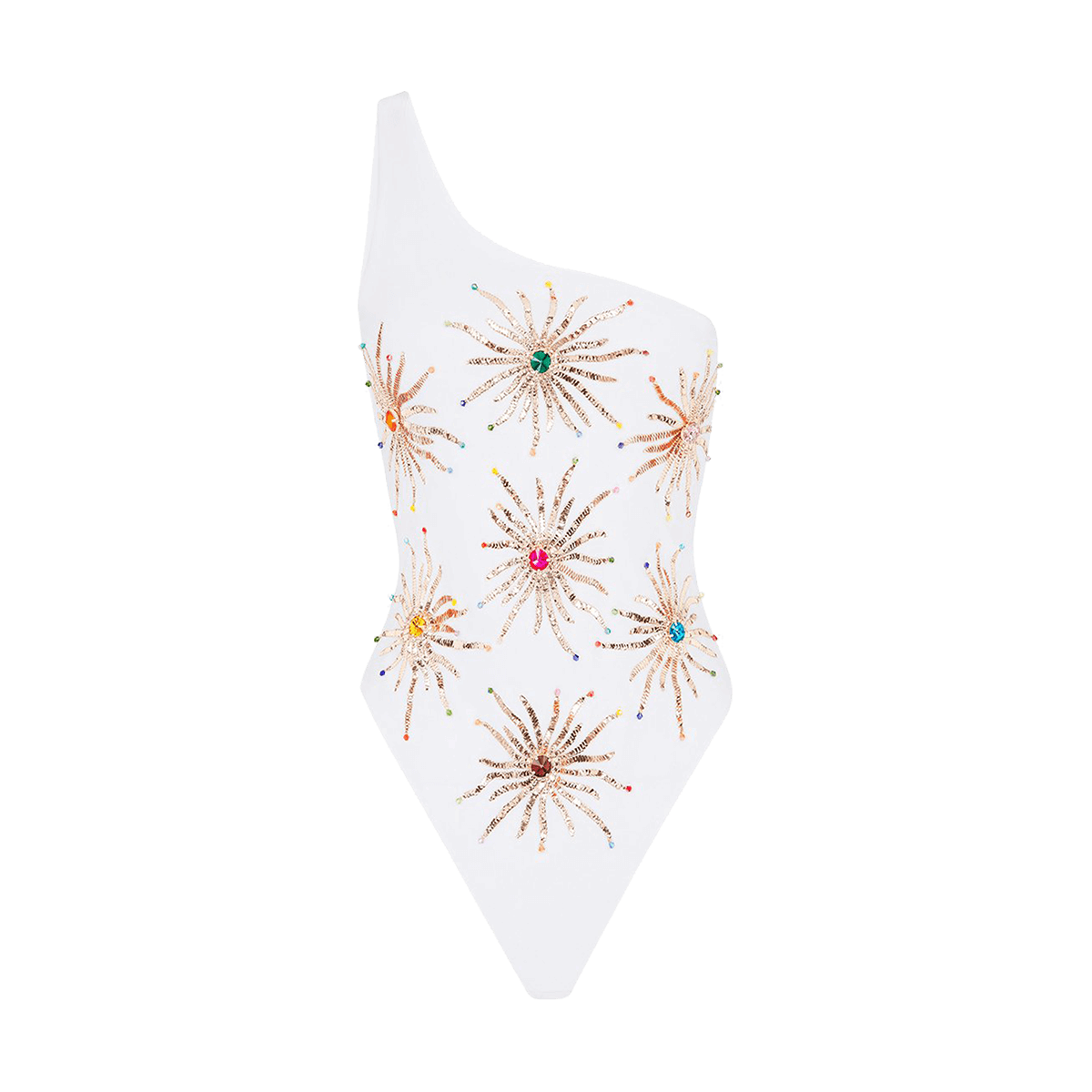 Callie One Shoulder Hand Embroidered White Suit in White made by Oceanus Swimwear