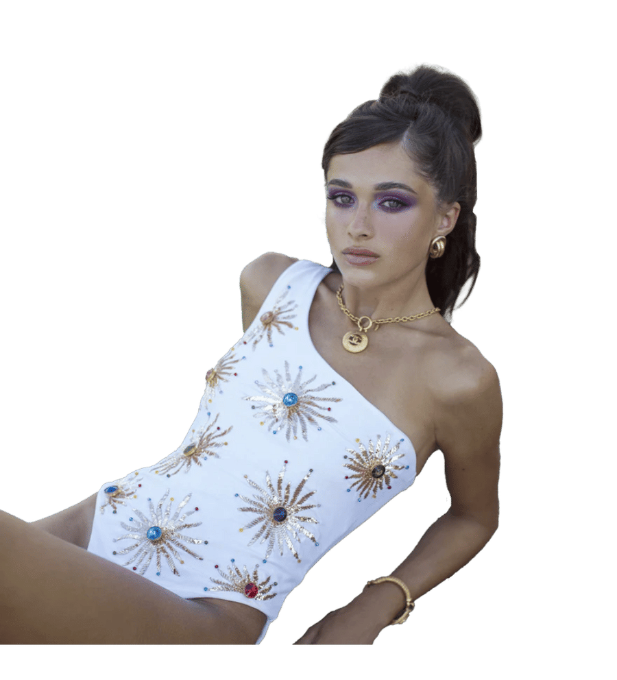 Callie One Shoulder Hand Embroidered White Suit in White made by Oceanus Swimwear