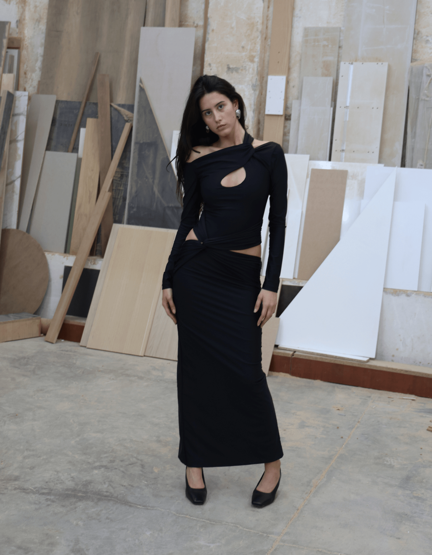 ORNYA Black Cut-Out Maxi Dress made by MAET