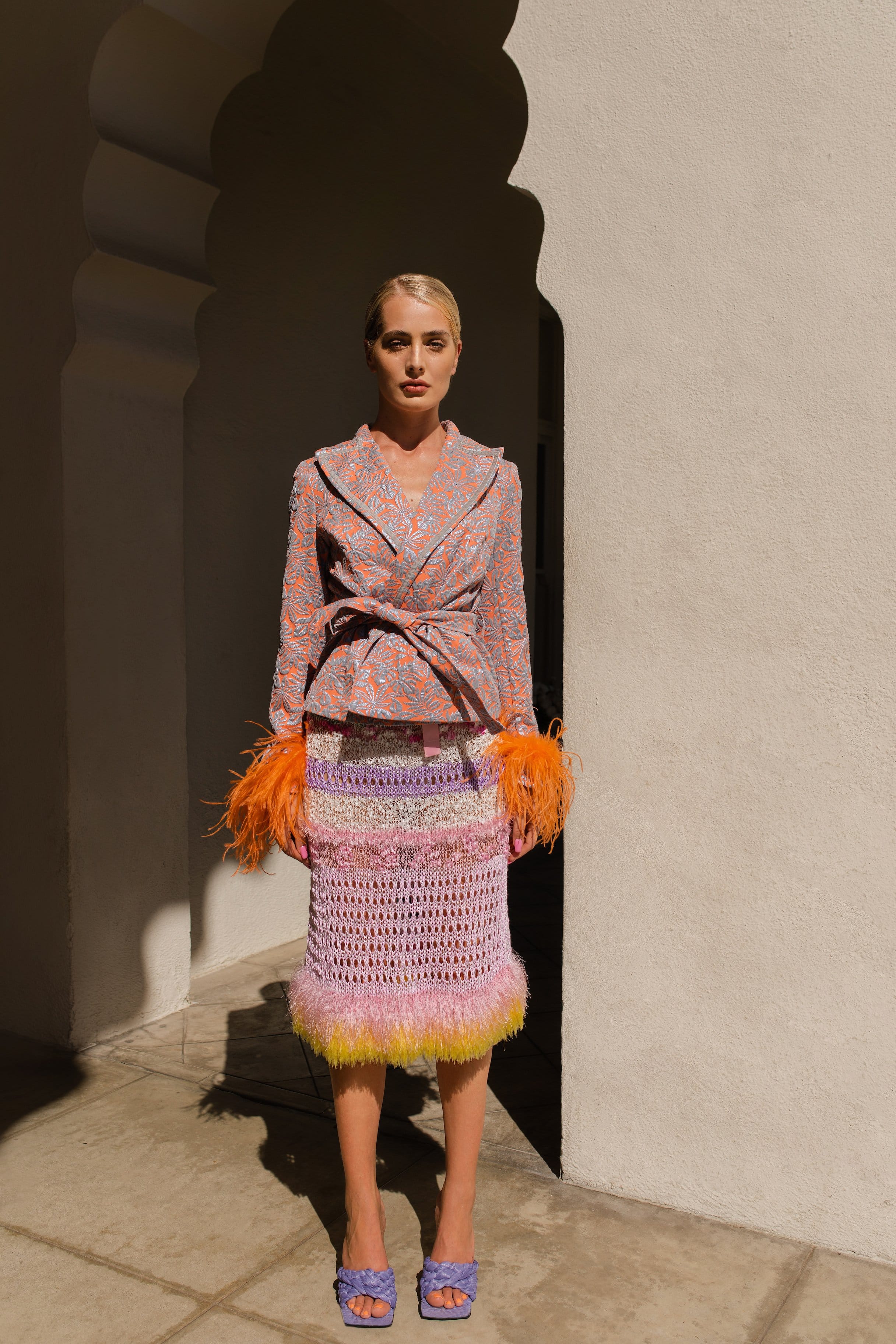 Orange Jacquard Jacket №22 with detachable feather cuffs made by ANDREEVA