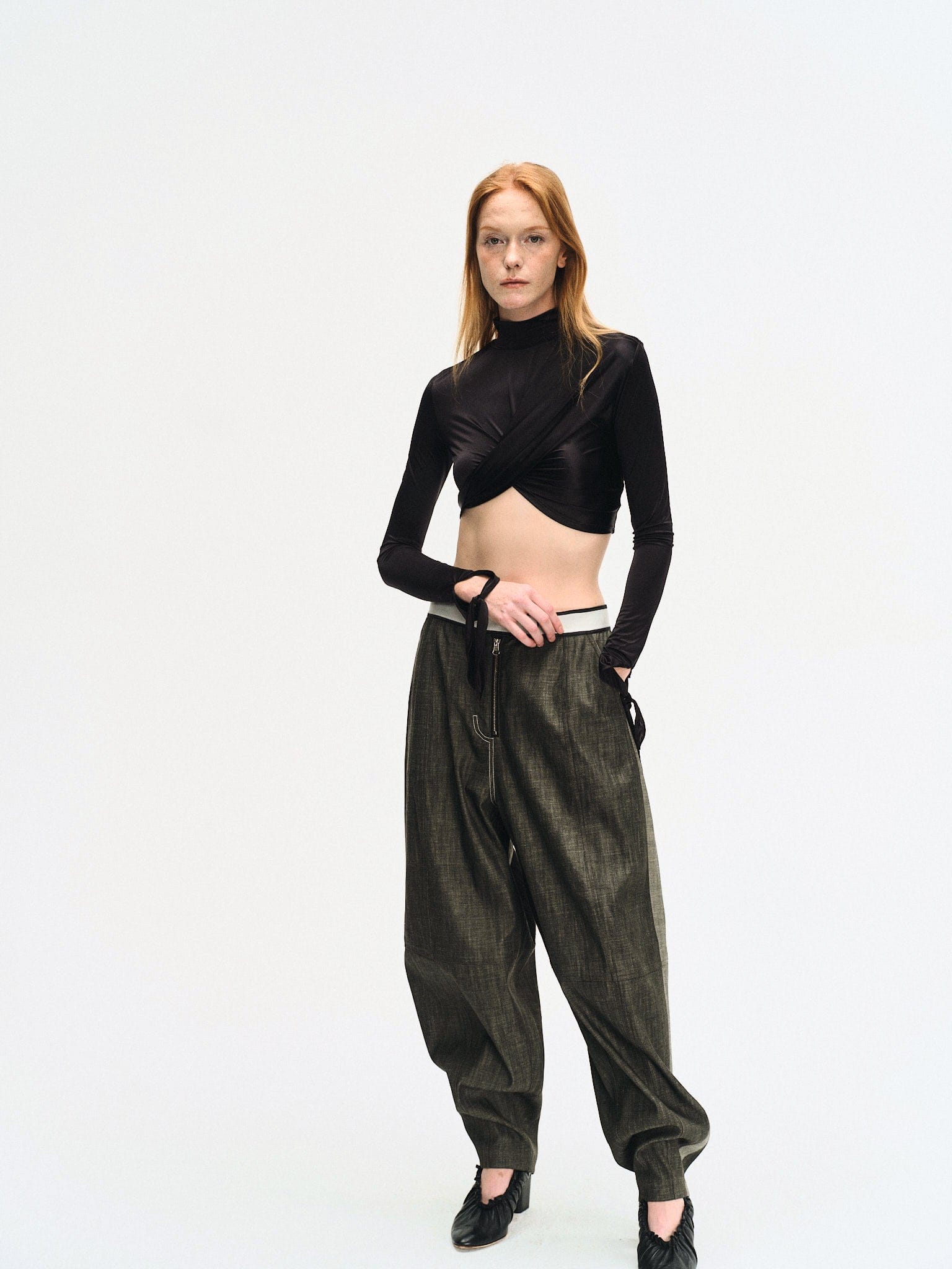 BLACK DRAPED JERSEY CROP TOP made by YIBRI