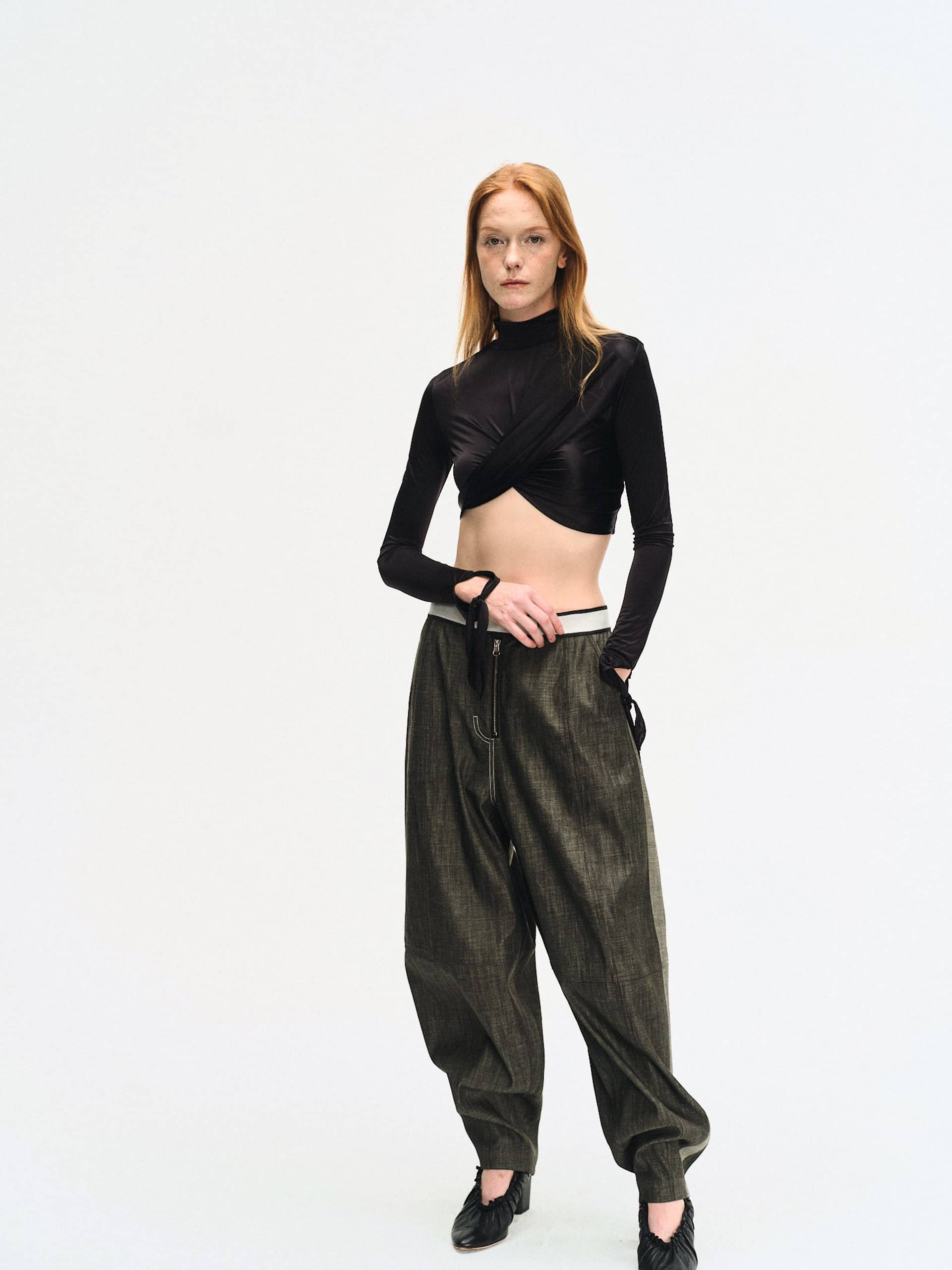 BLACK DRAPED JERSEY CROP TOP made by YIBRI