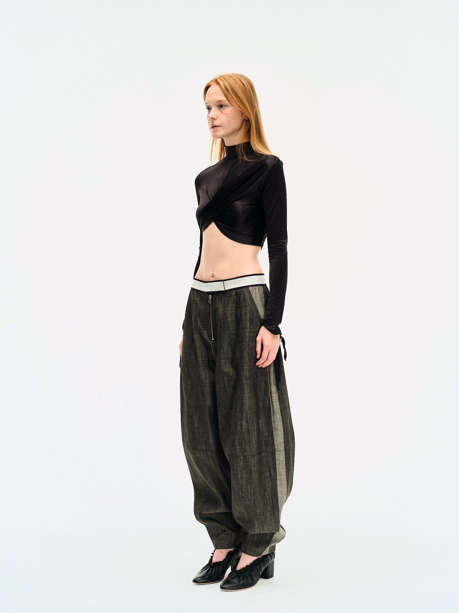 BLACK DRAPED JERSEY CROP TOP made by YIBRI