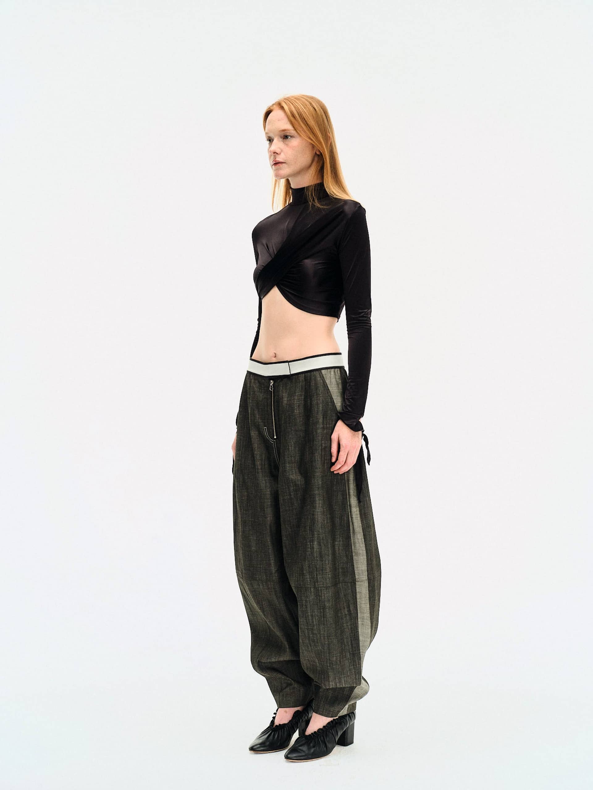 BLACK DRAPED JERSEY CROP TOP made by YIBRI