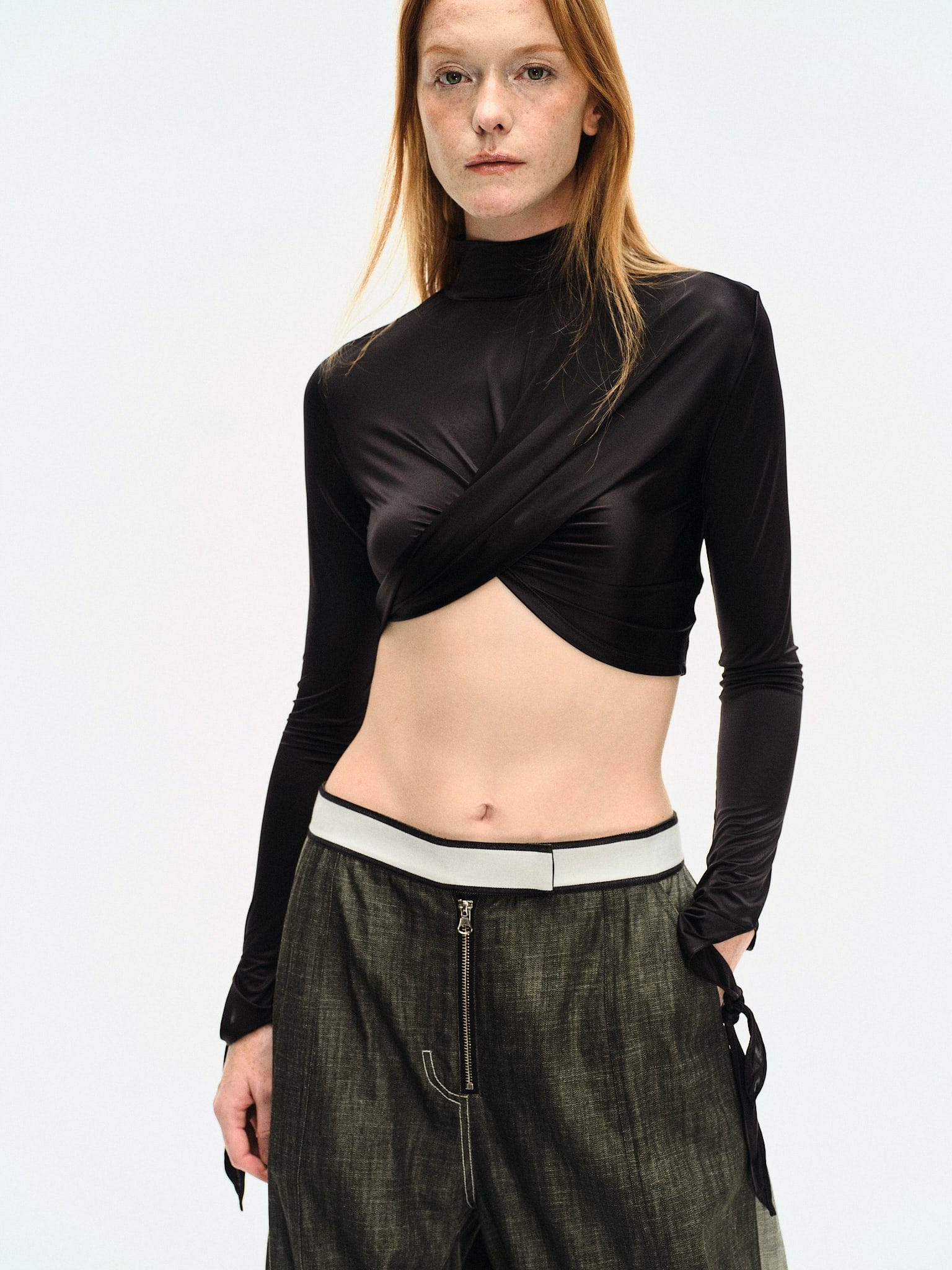BLACK DRAPED JERSEY CROP TOP made by YIBRI