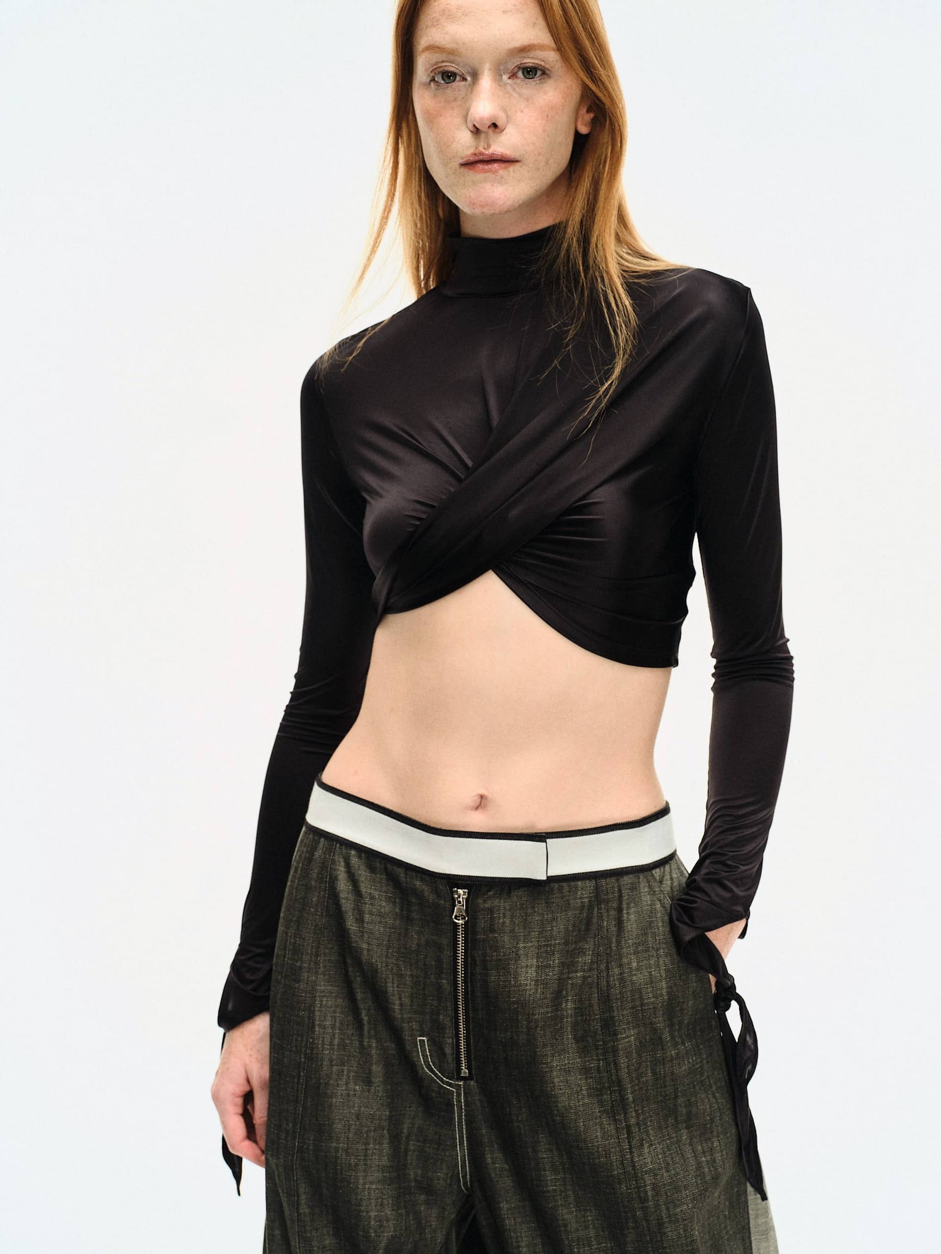 BLACK DRAPED JERSEY CROP TOP made by YIBRI