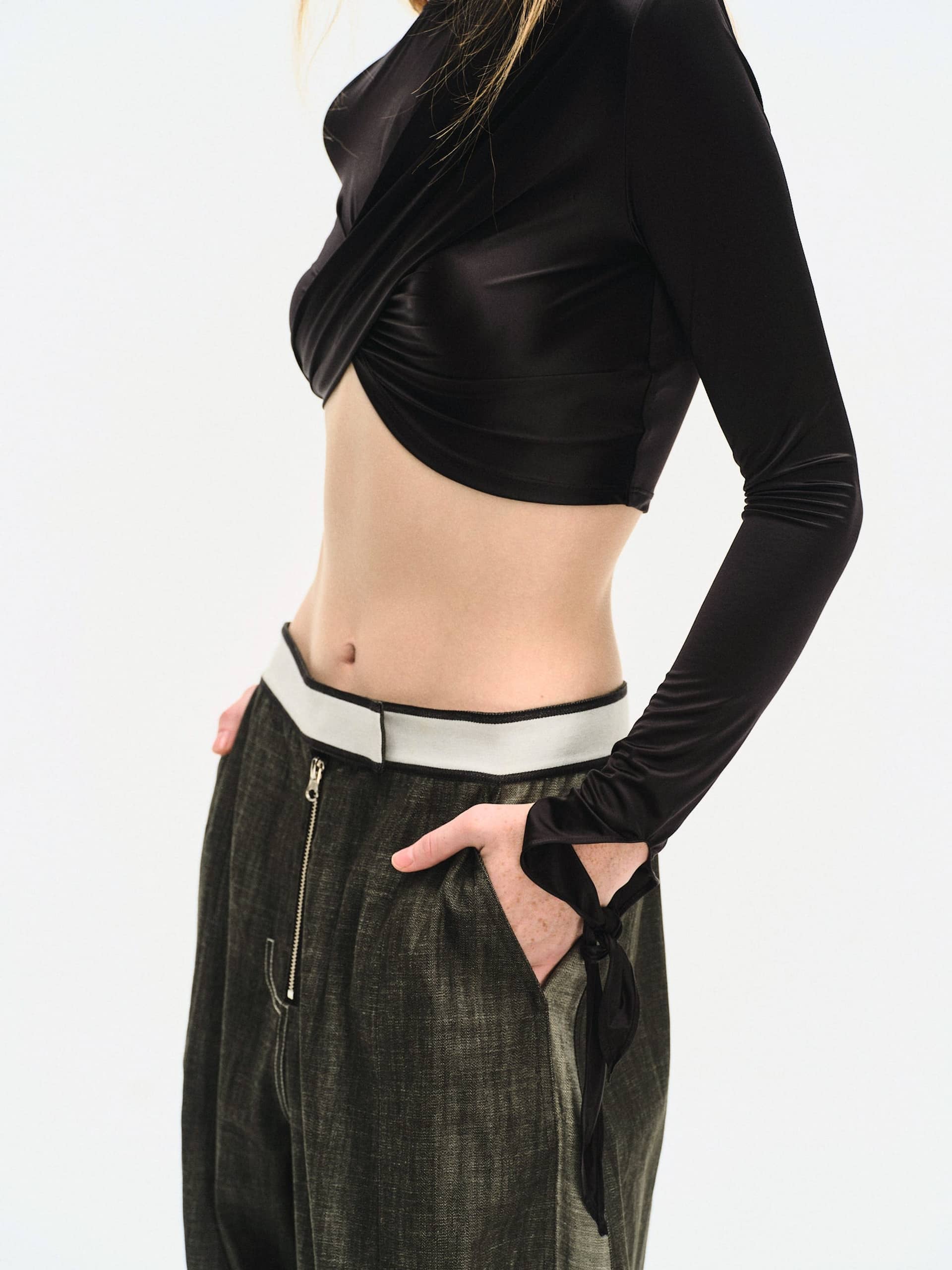 BLACK DRAPED JERSEY CROP TOP made by YIBRI