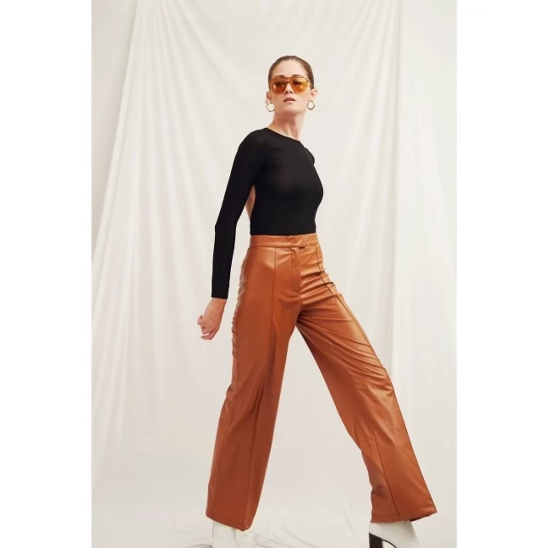 Alba Vegan Leather Wide-Leg Trousers in Orange made by Nazli Ceren
