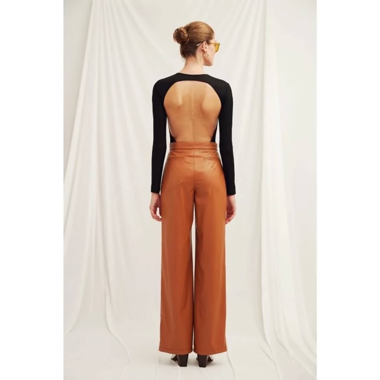 Alba Vegan Leather Wide-Leg Trousers in Orange made by Nazli Ceren