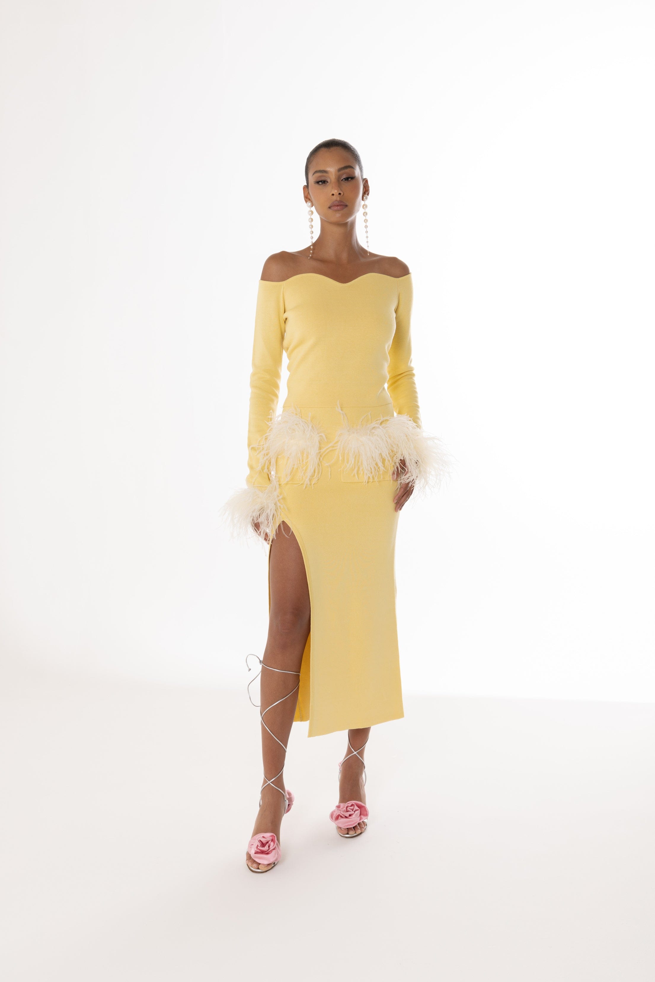 Yellow Vanilla Knit Skirt With Feathers made by ANDREEVA