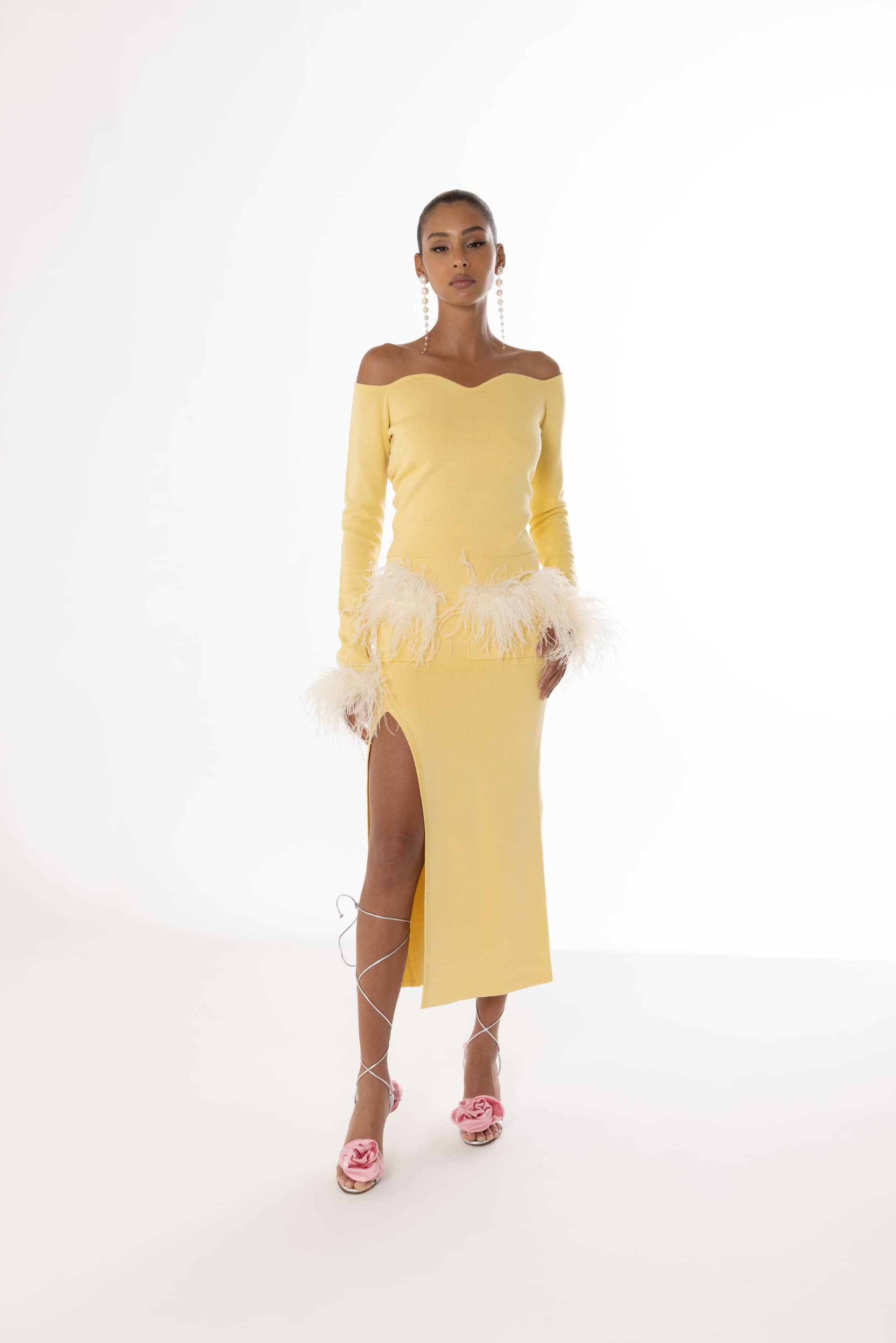 Yellow Vanilla Knit Skirt With Feathers made by ANDREEVA