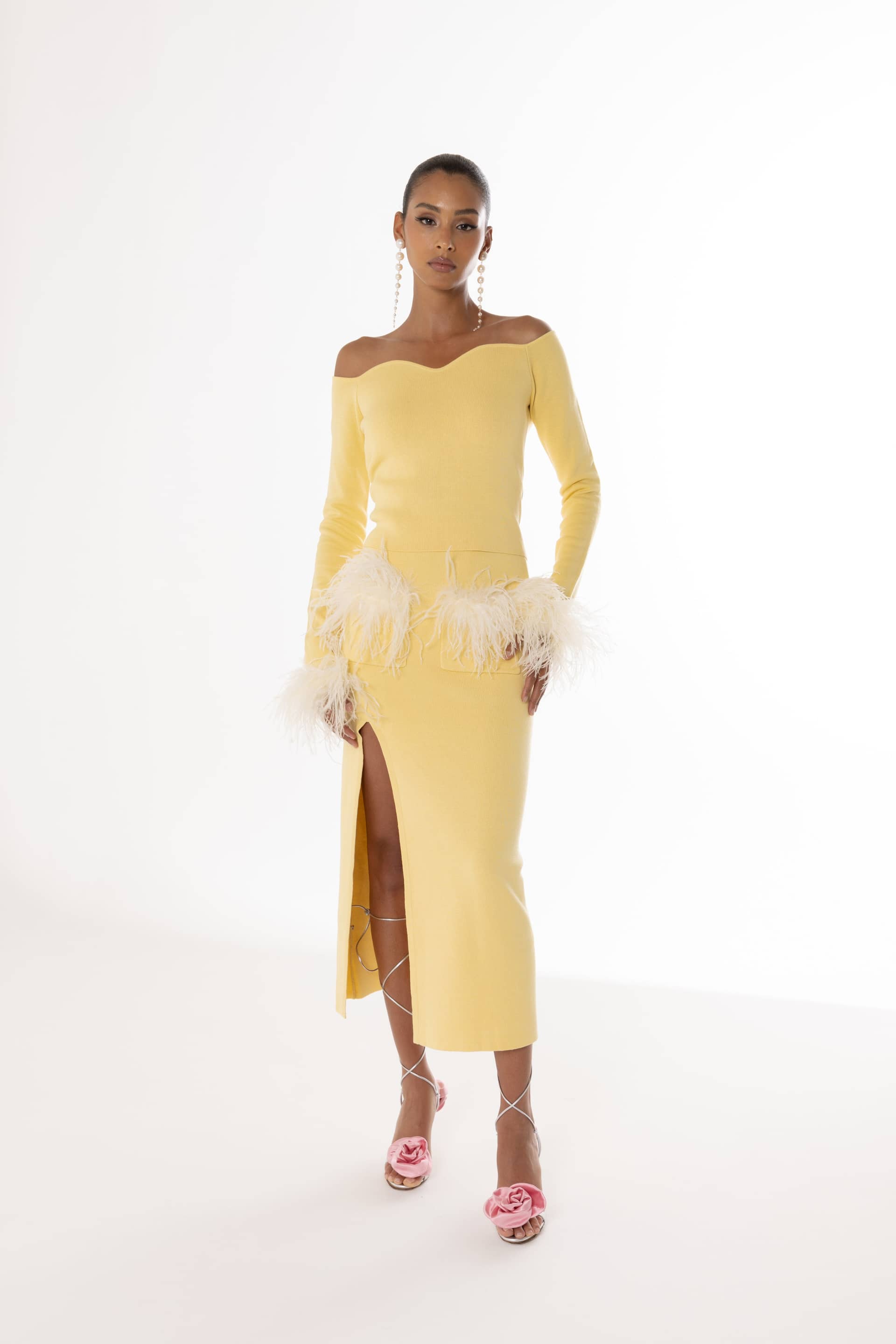 Yellow Vanilla Knit Skirt With Feathers made by ANDREEVA