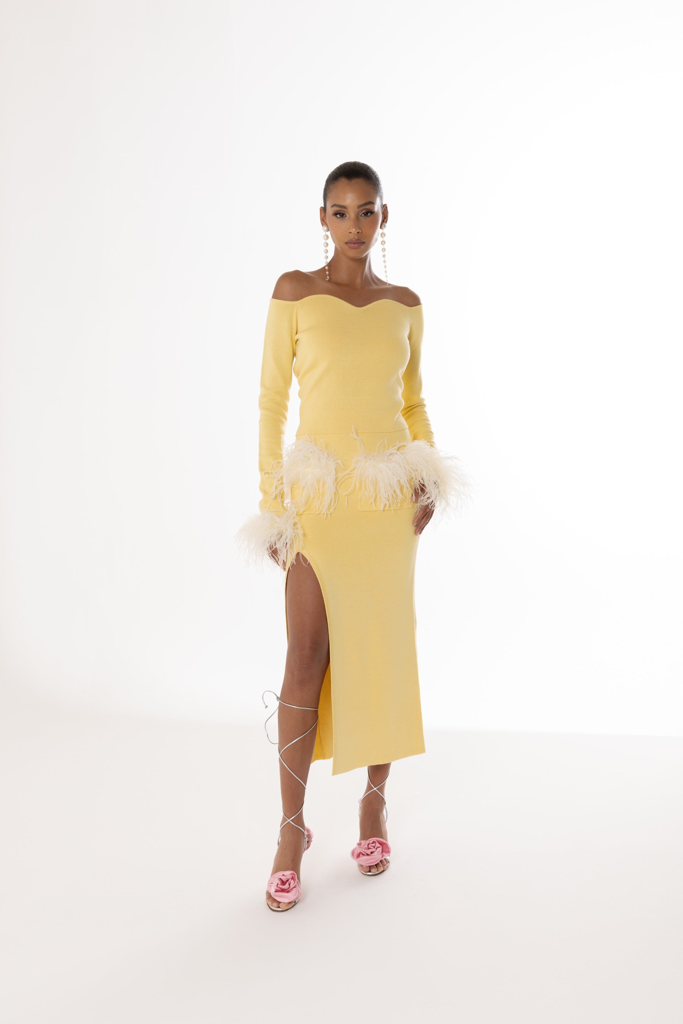 Yellow Vanilla Knit Skirt With Feathers made by ANDREEVA