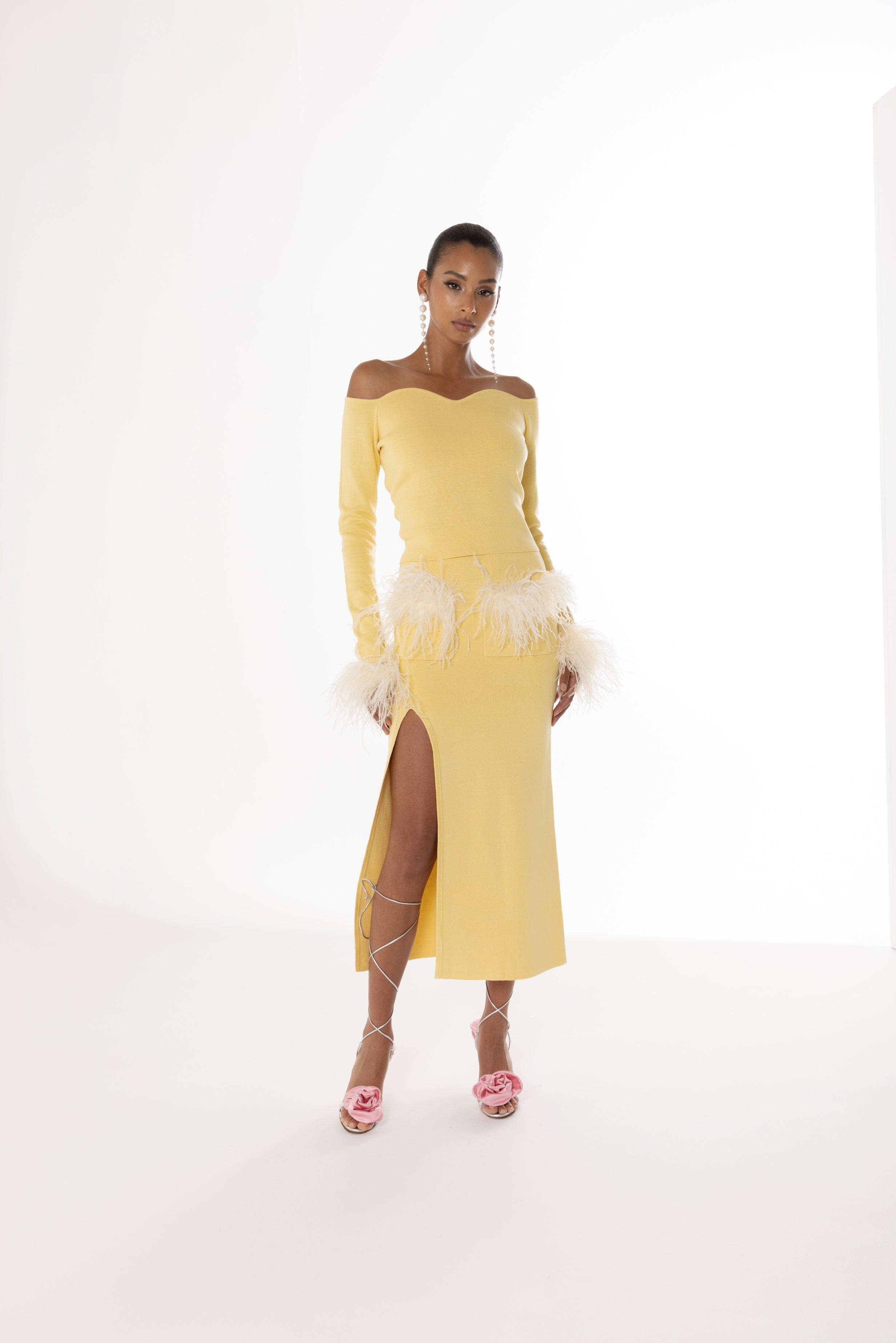 Yellow Vanilla Knit Skirt With Feathers made by ANDREEVA