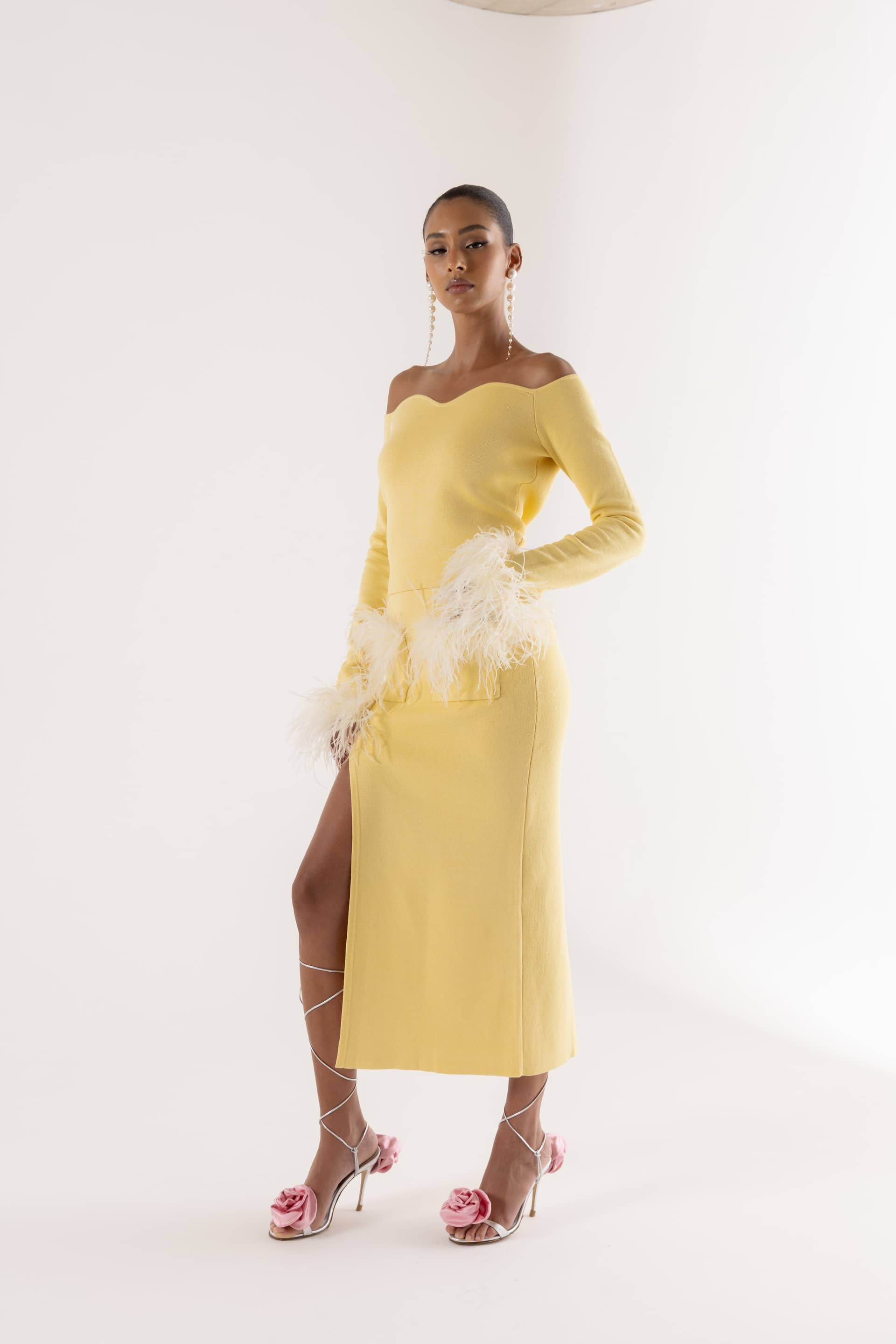 Yellow Vanilla Knit Skirt With Feathers made by ANDREEVA